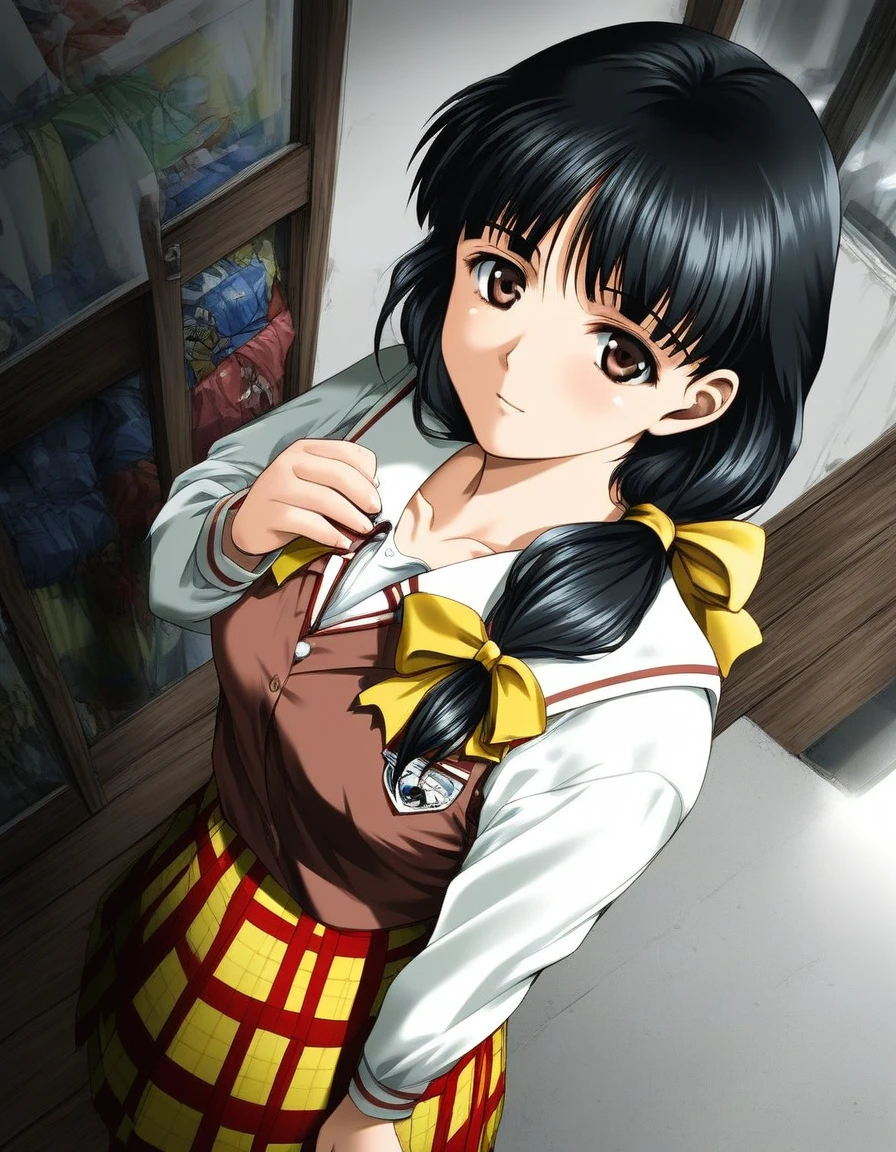 score_9, score_8_up, score_7_up, source_anime, rating_explicit, BREAK  <lora:Sakaki_Miyuki_XL:1> SakakiMiyuki, black hair, long hair, brown eyes, breasts, black eyes, hair ribbon, Yellow bow, low ponytail,
1girl, solo, school uniform, skirt, plaid skirt, plaid, long sleeves, ribbon, bow,  looking at viewer, cowboy Shot,
from above
upper body,
flooring, room,