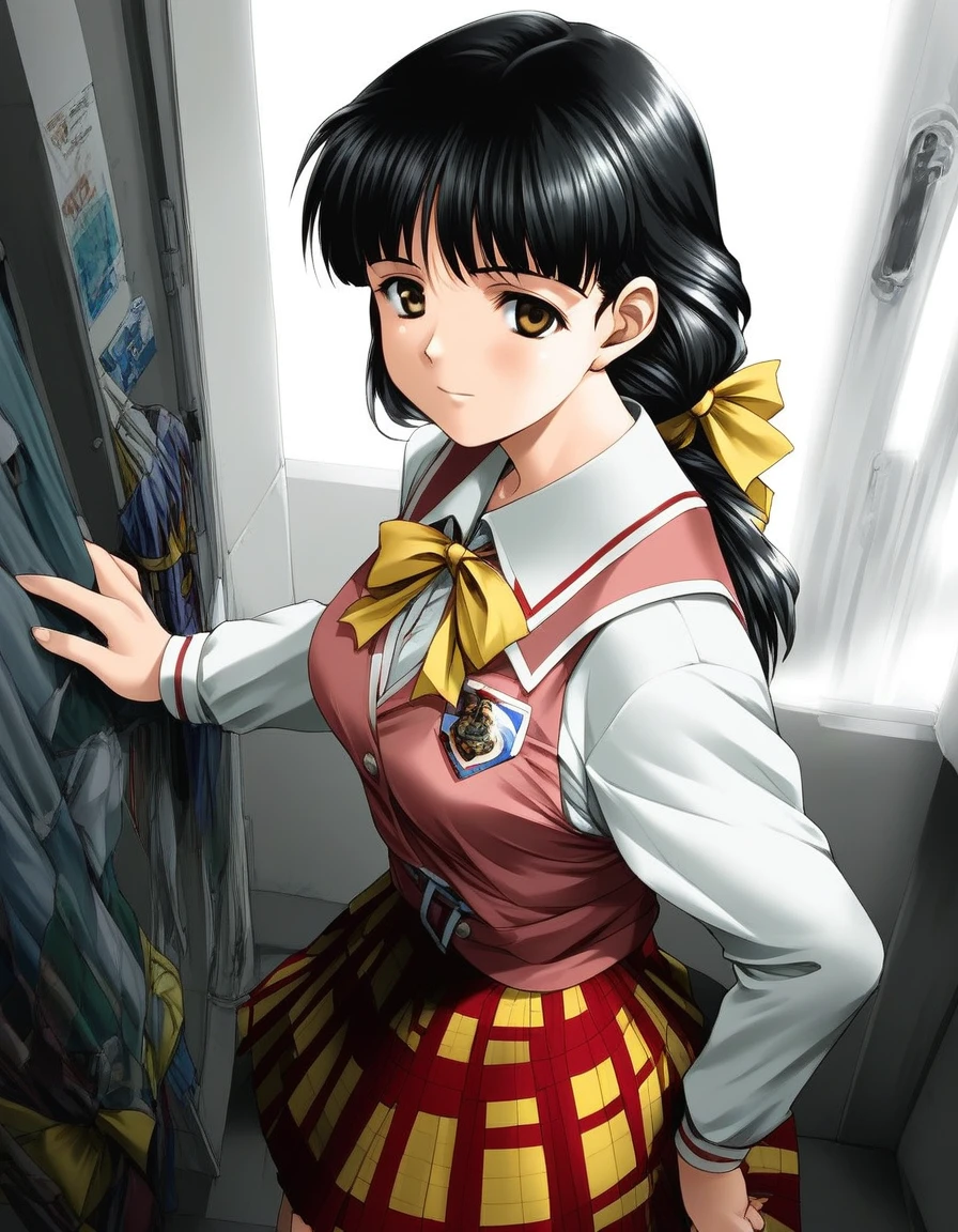 score_9, score_8_up, score_7_up, source_anime, rating_explicit, BREAK  <lora:Sakaki_Miyuki_XL:1> SakakiMiyuki, black hair, long hair, brown eyes, breasts, black eyes, hair ribbon, Yellow bow, low ponytail,
1girl, solo, school uniform, skirt, plaid skirt, plaid, long sleeves, ribbon, bow,  looking at viewer, cowboy Shot,
from above
upper body,
flooring, room,