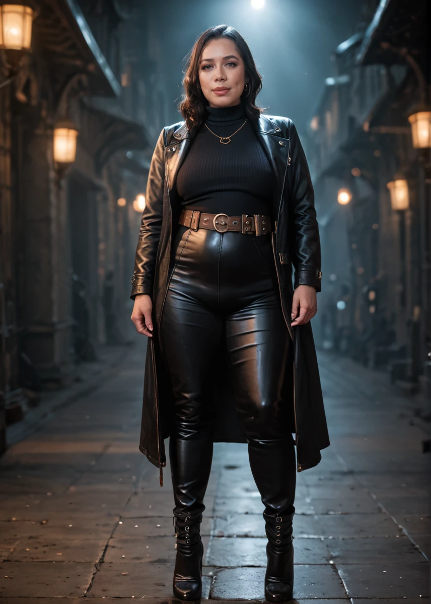 score_9, score_8_up, score_7_up, 8K, best quality, masterpiece, extremely detailed, dynamic, great lighting, perfect shading, depth of field, dark environment, steampunk, woman, full body, leather with turtleneck, side soft light, highly detailed, well-endowed, <lora:MS_Julia_Mendoza_V1_Pony:0.9>, plump woman