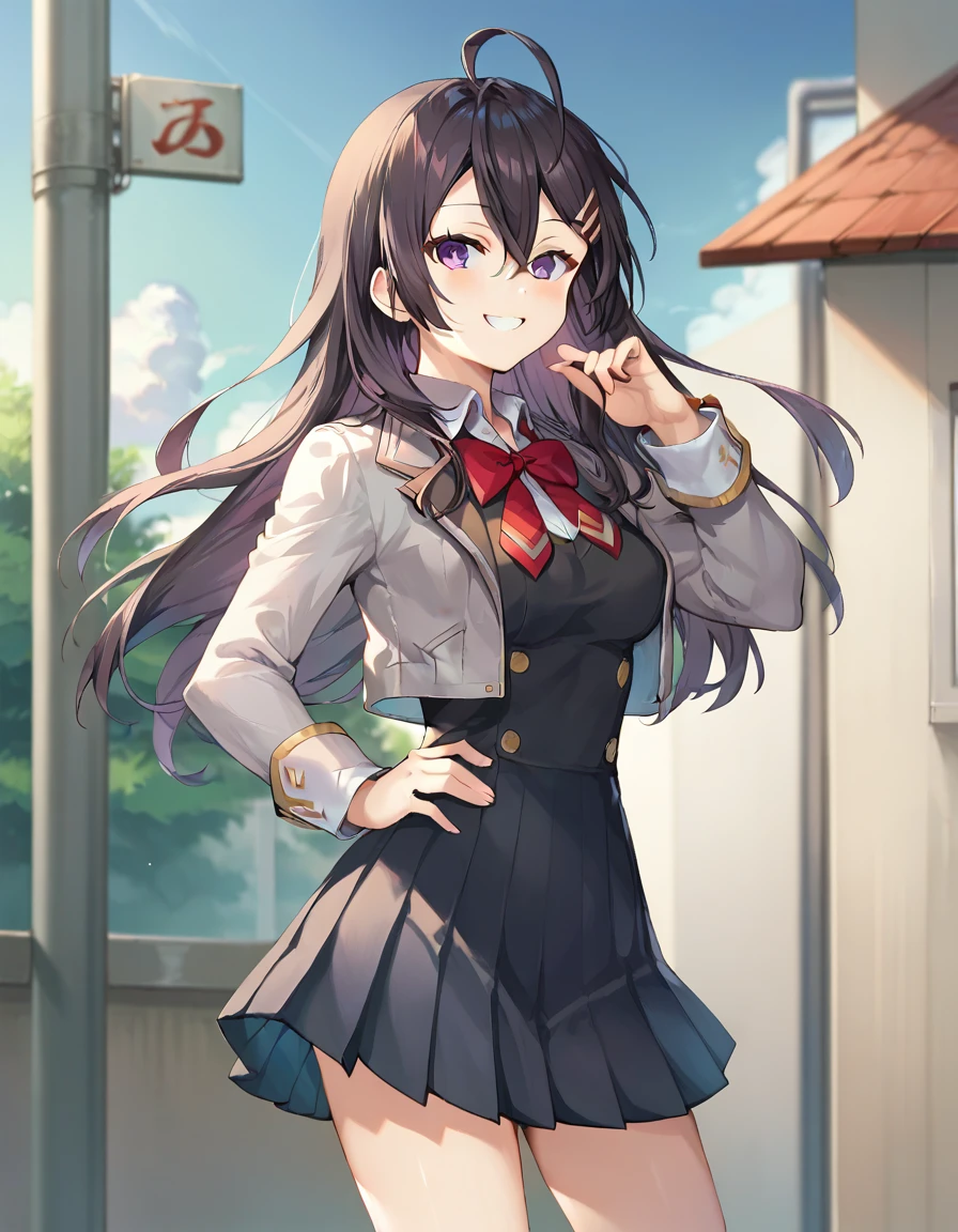 score_9,score_8_up,score_7_up,score_6_up BREAK official art,solo,outdoors,cowboy shot,looking at viewer,facing viewer,smile,Kimishima Ayano,ahoge,long hair,black hair,floating hair,sidelocks,hair between eyes,parted bangs,purple eyes,school uniform,grey jacket,cropped jacket,open clothes,open jacket,wing collar,red bowtie,black dress,pleated dress,double-breasted,collared shirt,white shirt,medium breasts,skindentation,long sleeves,black socks,loafers,brown footwear,<lora:Kimishima Ayano(tsrdta)-Pony:1.2>,<lora:Smooth Anime Style LoRA XL:0.8>,