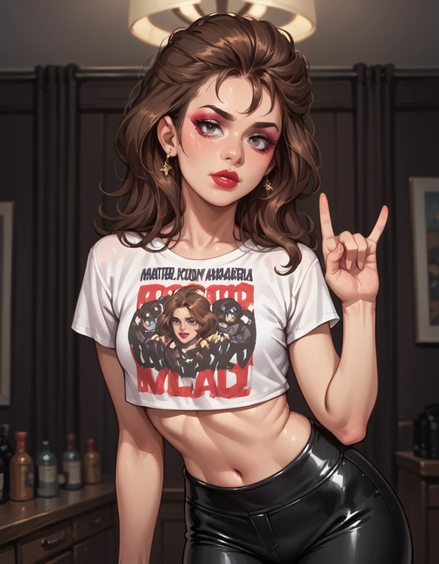 score_9, score_8_up, score_7_up, score_6_up, score_5_up, score_4_up, hud_m3tal_h4nds, solo, 1girl, makeup, lipstick, arm up, \m/, long brown hair, crop top, midriff, pants, upper body, <lora:hud_m3tal_h4nds_XLP:0.8>