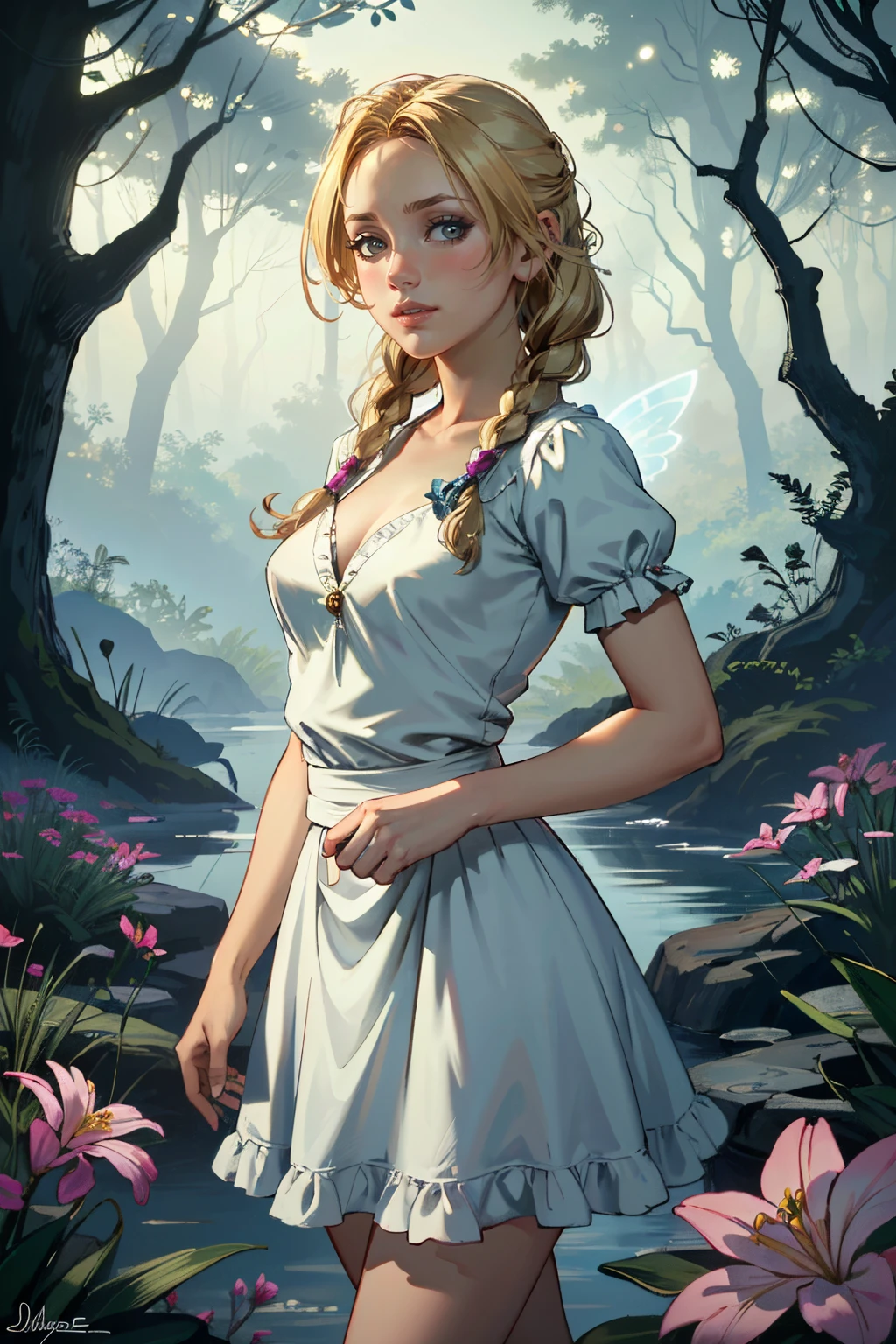 ((ultra detailed, masterpiece, absurdres))
<lora:UDJess:0.8>
UDJess, 1girl, blonde hair, twin braids, looking at viewer, Magical glade with fairies and glowing flowers, ethereal and whimsical, cowboy shot