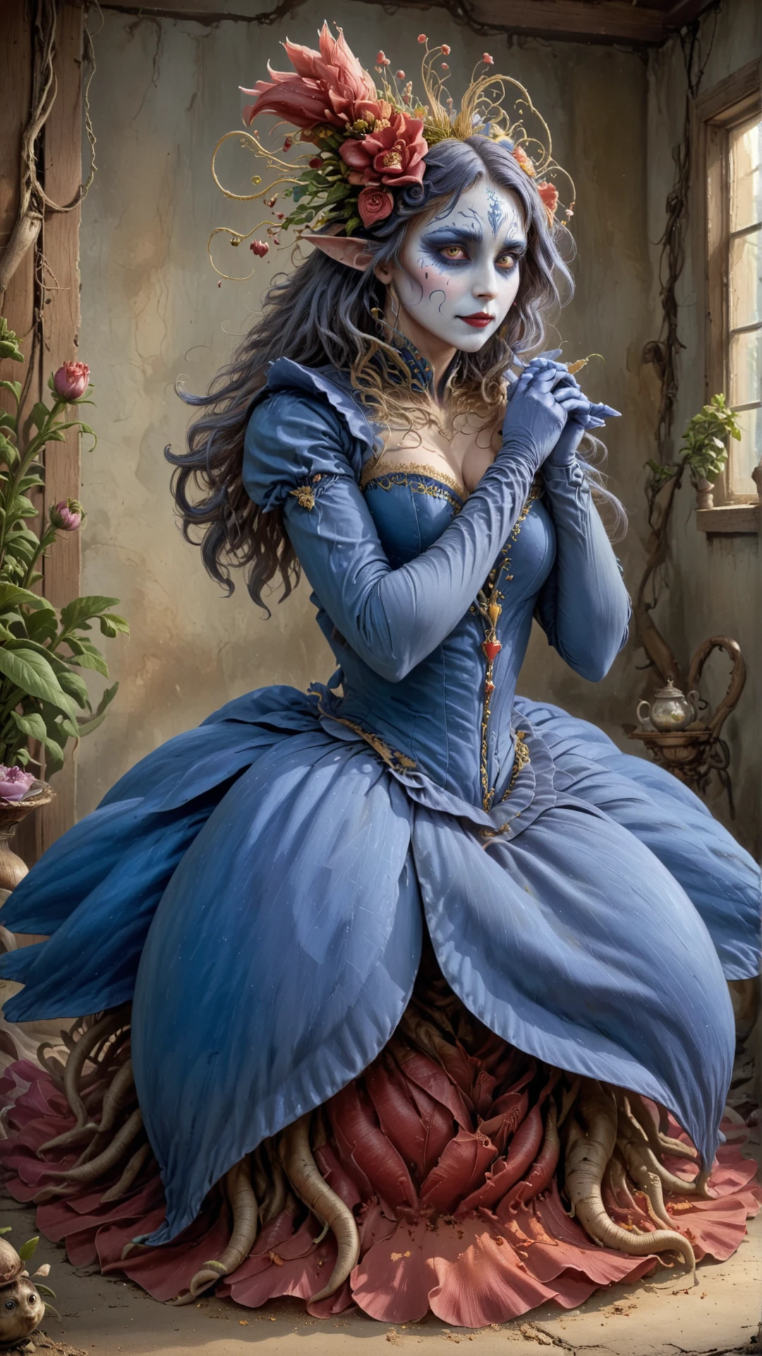 <lora:AlaruneSDXL:1>Alarune, Queen of Hearts (from "Alice in Wonderland"), Indigo and Sand colored petals, in location garage, One Hand Touching Face