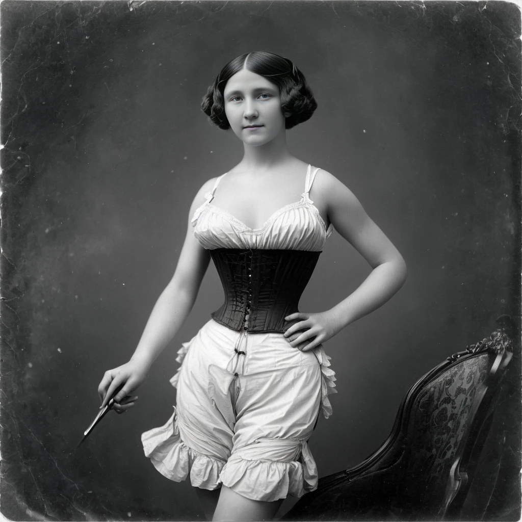 <lora:vog:1> 1875 vintage photo of a (young woman with a flat chest and medium length hair)wearing VOG, tack sharp, BW photo, masterpiece