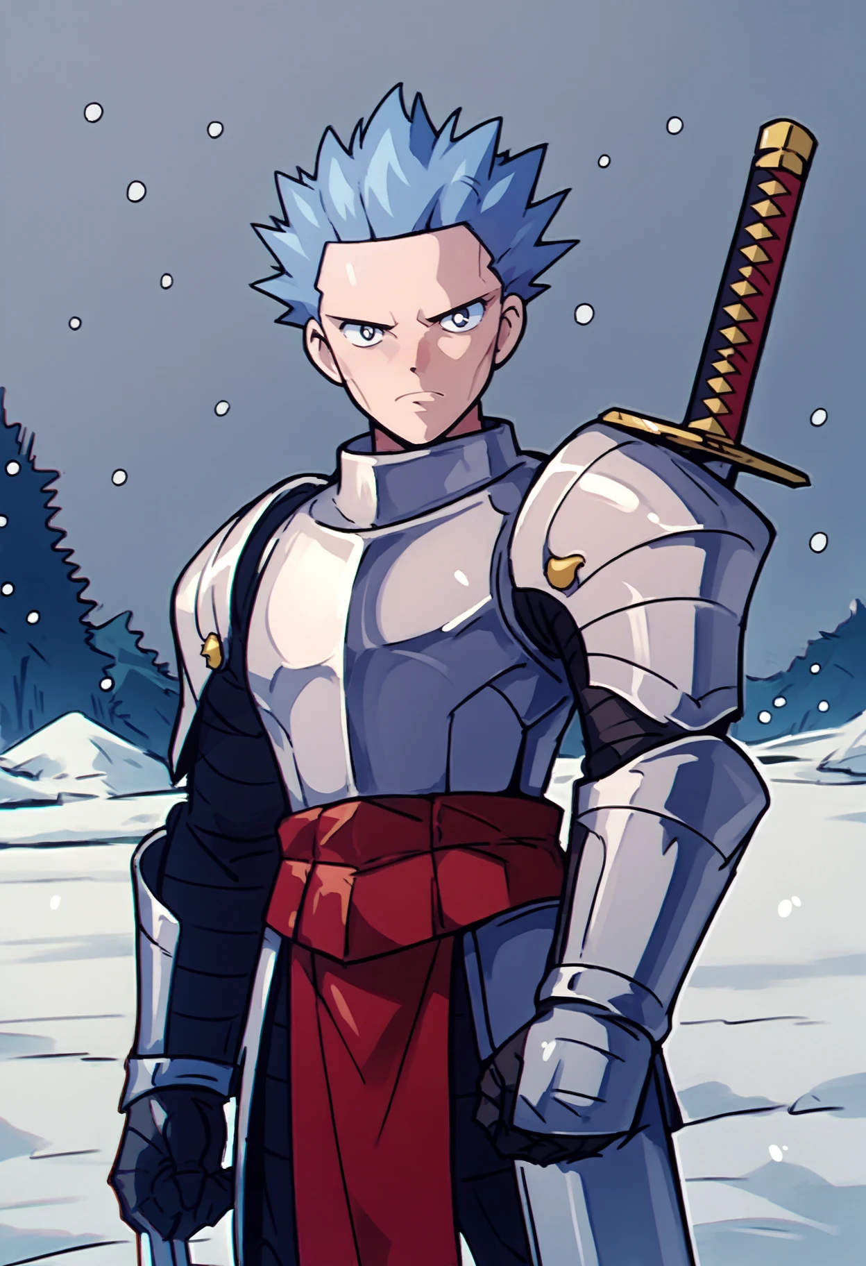 score_9, score_8_up,score_7_up, source_anime, 1boy, solo, akagi,
short hair, blue hair, blue eyes, no eyebrows,
knight, armored, silver and red cloth, sword, metallic armor,
upset, angry, frown,
outdoors, snow, snowing,
<lora:cyrs_pdxl_EliPot:1>