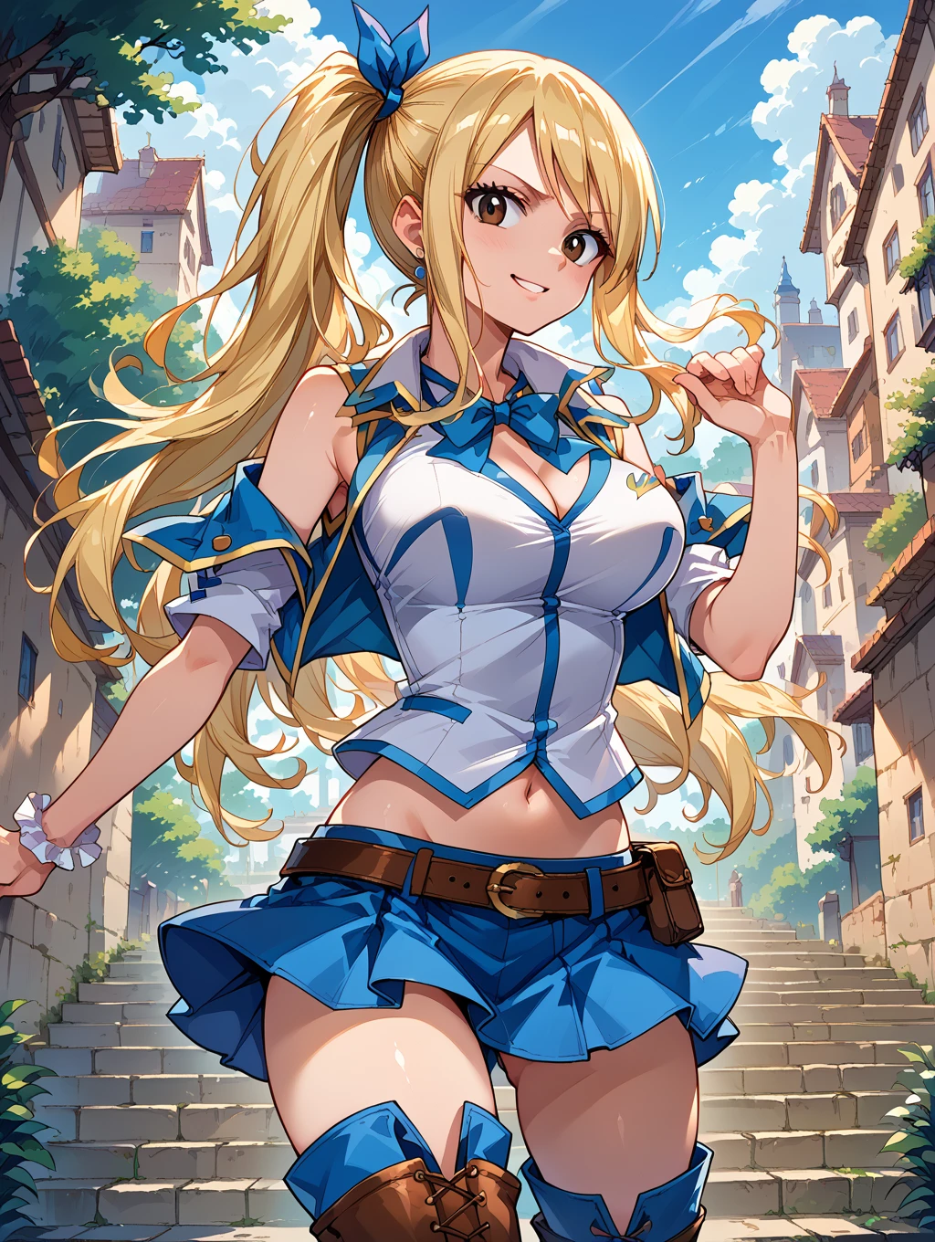 (masterpiece, best quality:1.2), solo, 1girl, lucy heartfilia, smile, looking ta viewer, hands on hips, blue sleeveless, miniskirt, thigh boots