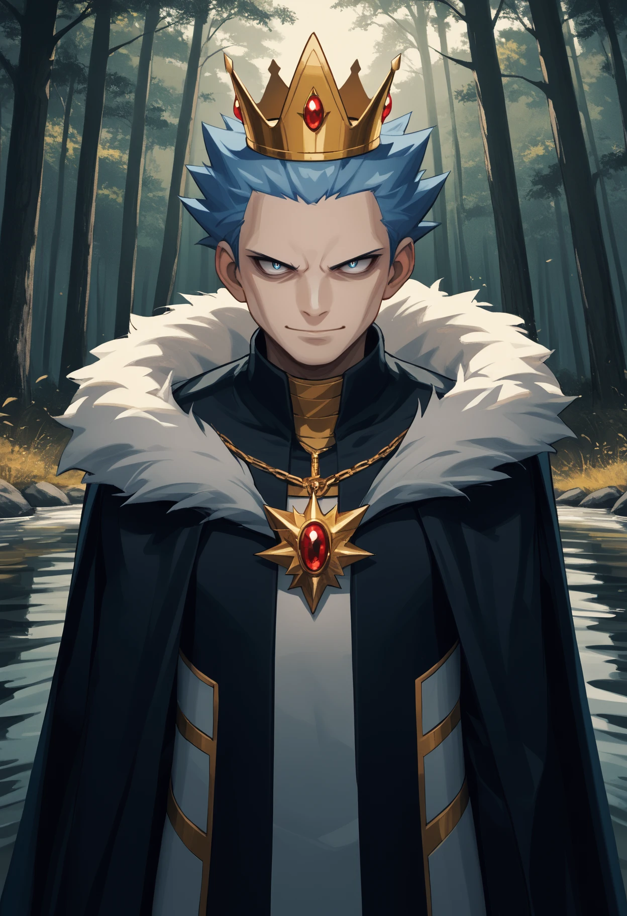 score_9, score_8_up,score_7_up, source_anime, 1boy, solo, akagi,
short hair, blue hair, blue eyes, no eyebrows,
emperor, royal outfit, royal cape, crown, fur trim, jewelry, necklace, golden ornaments ,
angry, v-shaped eyes, evil smile , malice, wrapped smile, shaded face, closed mouth,resentful,
in a forest , trees , lake ,
<lora:cyrs_pdxl_EliPot:1>