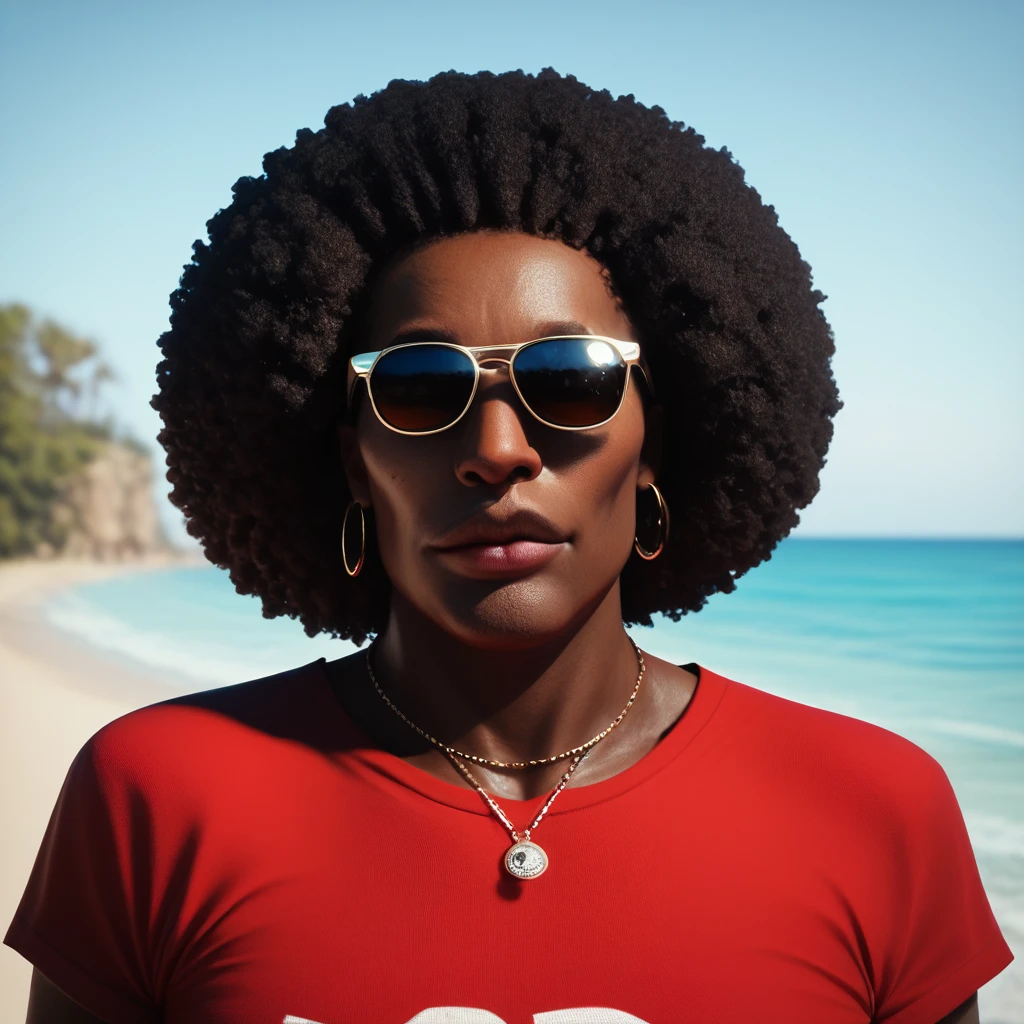 score_9, score_8_up, score_7_up, score_6_up, score_5_up, score_4_up, rating_safe,zPDXL2,source_photo,realistic, cinematic, zPDXLrl,portrait of a dark skinned man with an afro wearing sunglasses and wearing a red t-shirt on a beach