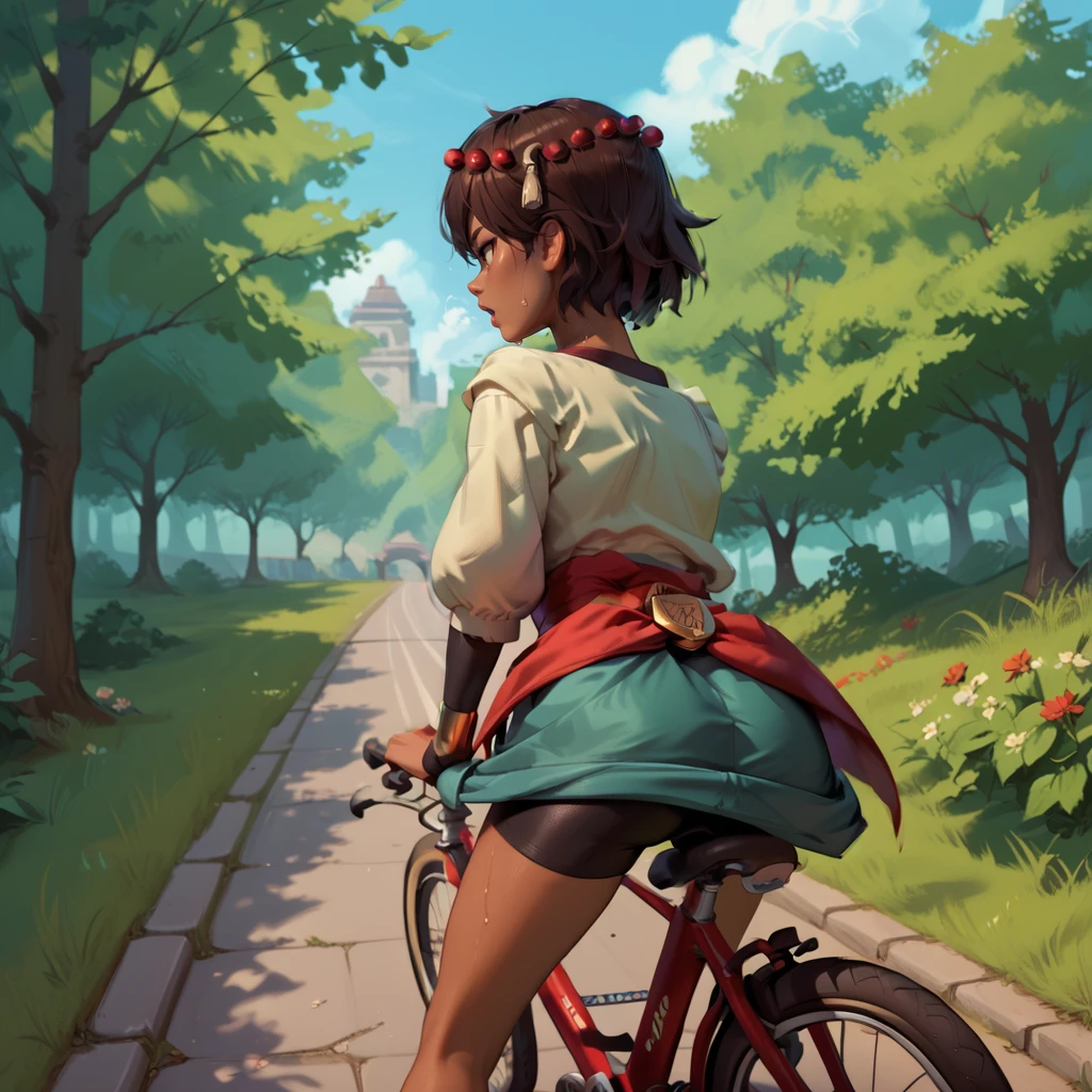 <lora:ajna:1>,1girl,solo,ajna,dark-skinned female,brown hair,brown eyes,short hair,bob cut,hair beads,hair ornament,white shirt,bridal gauntlets,bracelet,red sash,aqua skirt,bike shorts,
outdoors, day, park, sidewalk, 
cowboy shot,riding bicycle, from side, sweat, open mouth, heavy breathing, looking forward,, score_9, score_8_up, score_7_up, perfect anatomy, source_anime, zPDXL2,