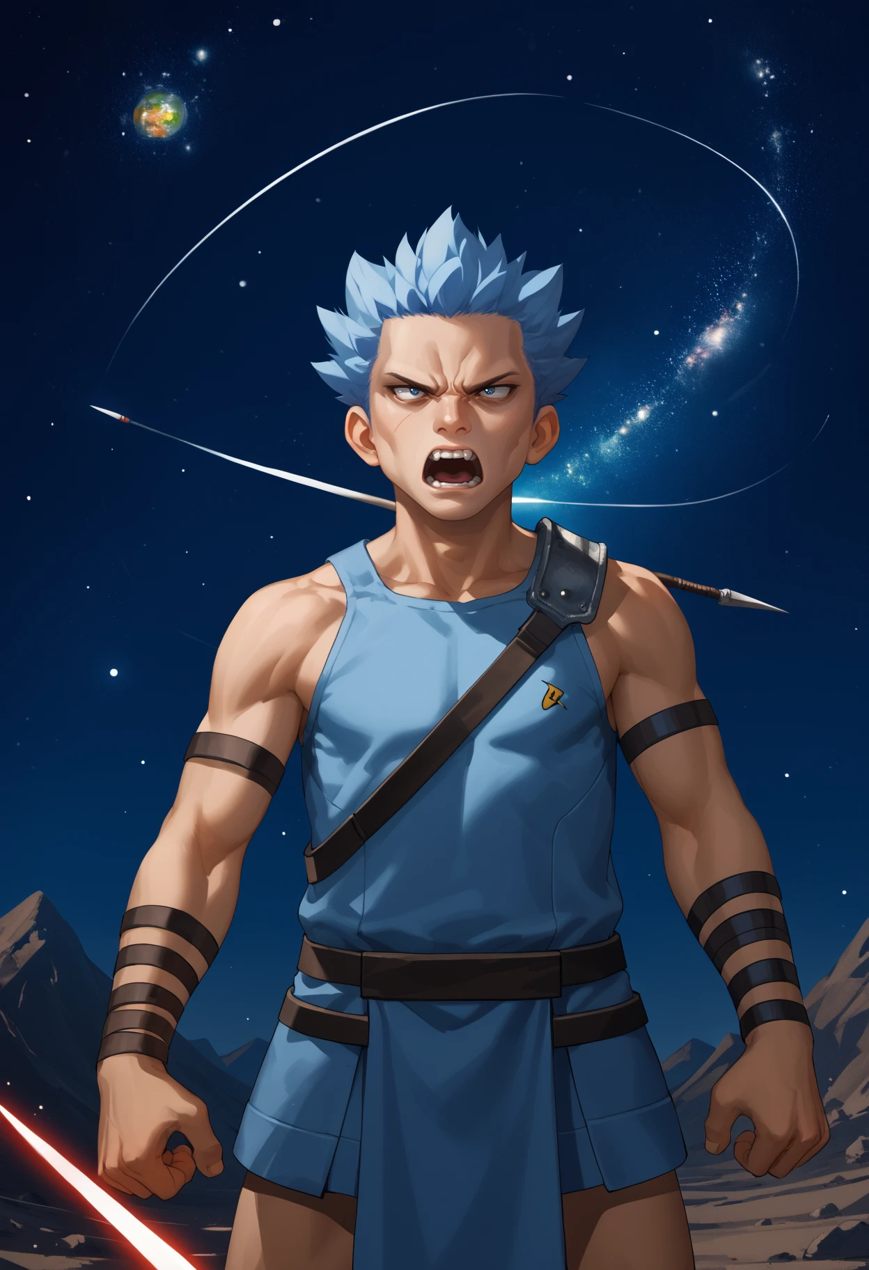 score_9, score_8_up,score_7_up, source_anime, 1boy, solo, akagi,
short hair, blue hair, blue eyes, no eyebrows,
gladiator, bare shoulders,  gladiator leather armor, spear,
angry, rage, furious,  half-closed eye, v-shaped eyebrows, open mouth,shouting,
in a space station, in orbit, scifi , planet,  space, starry sky,
<lora:cyrs_pdxl_EliPot:1>