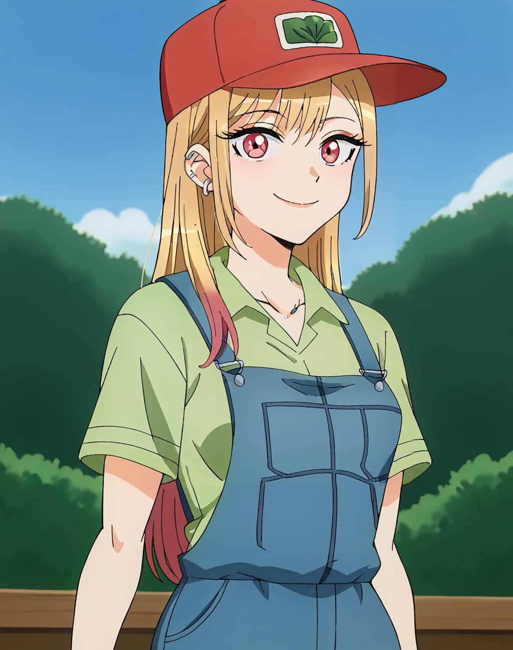 score_9, score_8_up, score_7_up, score_6_up, score_5_up, score_4_up, BREAK ,smile,looking at viewer1girl,solo,:3,medium breasts
edgSneed, solo, simple background, shirt, hat,  baseball cap, red headwear, green shirt, overalls, wearing edgSneed_outfit,
 <lora:edgSneedPony:0.7>
 <lora:SonoBisqueDoll_KitagawaMarinXL:1> kitagawamarin, magenta eyes, multicolored hair, ear piercing, earrings,long gradient blond hair