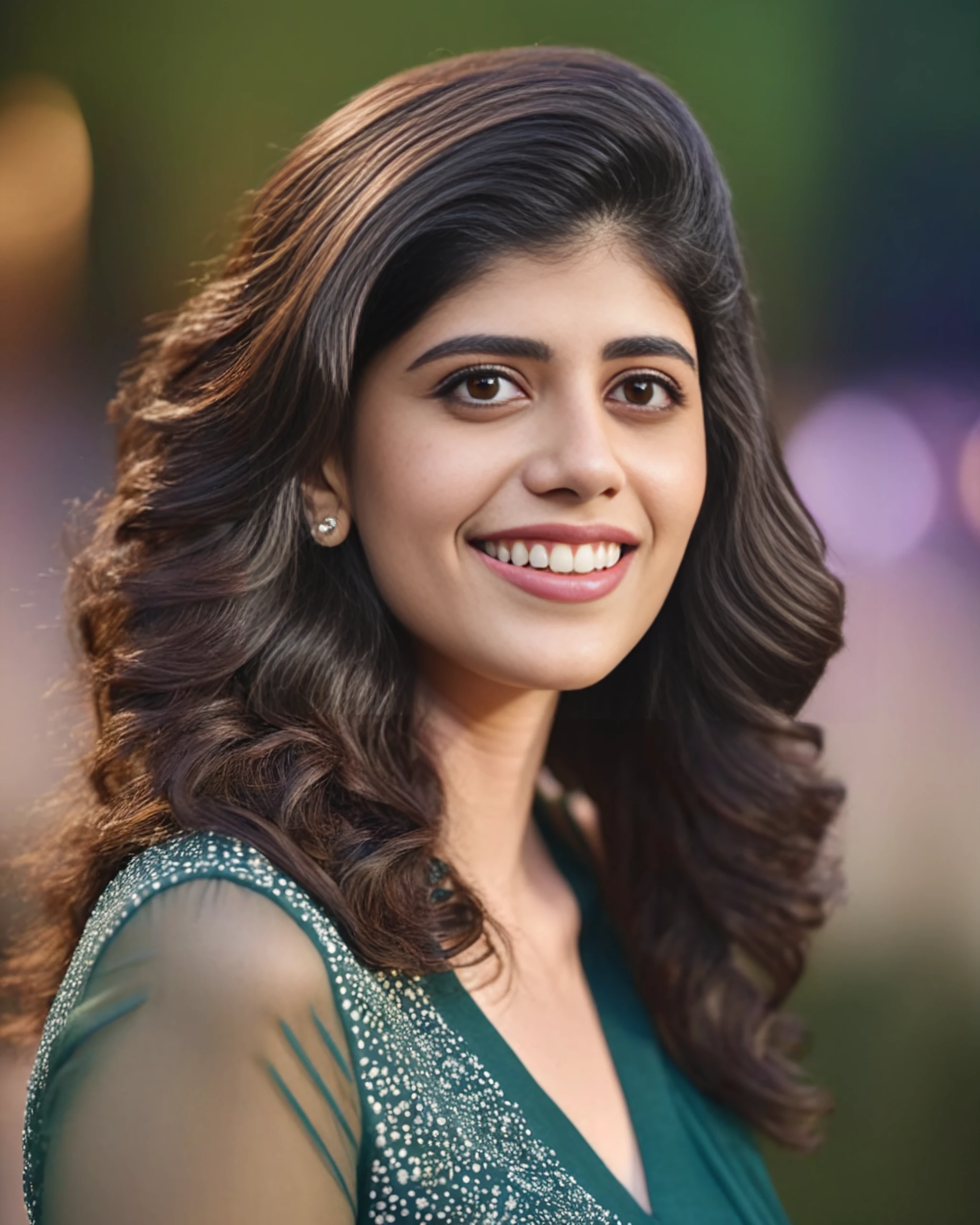 upper body photo of Sanjana Sanghi woman, solo, curls hair cut, smile, looking at the camera, ethnic Sage , night time, contrasting background bokeh, skindentation, <lora:Sanjana_Sanghi_SDXL_LoRA_prodigy_local_xformers_HNE-000015:1>