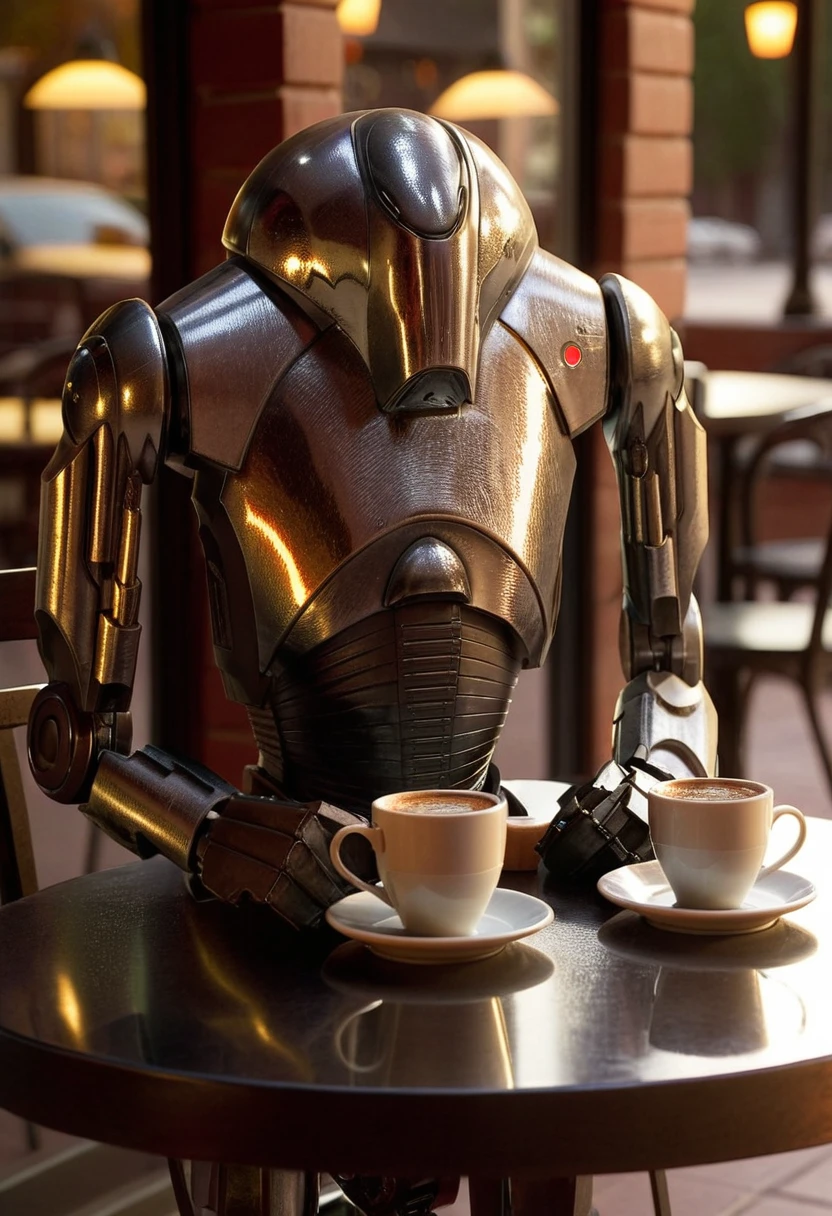 7-B2 droid, drinking coffee, morning, warm lighting, table, outside coffee shop [reflections, accurate lighting, shadows, realistic, high quality photo, 4k, hd, smooth metallic surfaces]