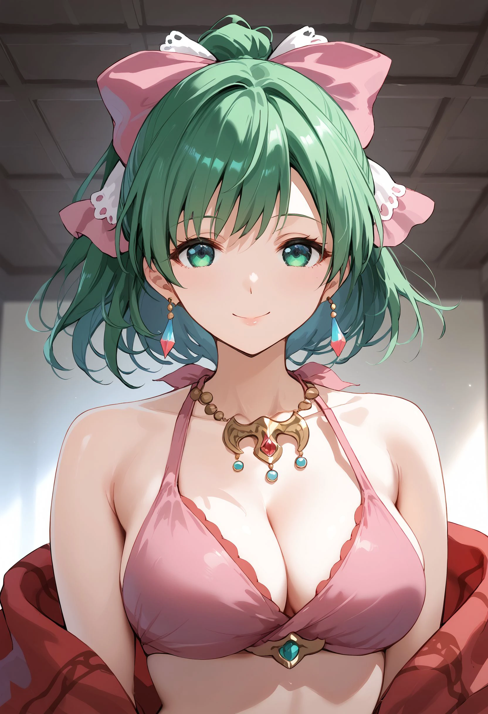 score_9, score_8_up, score_7_up, score_6_up, BREAK source_anime, best quality, masterpiece,
1girl,<lora:lene fehPonyXL:0.8>,lene feh,hair bow,earrings,necklace,scarf,pink bikini,bikini top only,upper body,standing,smile,looking at viewer