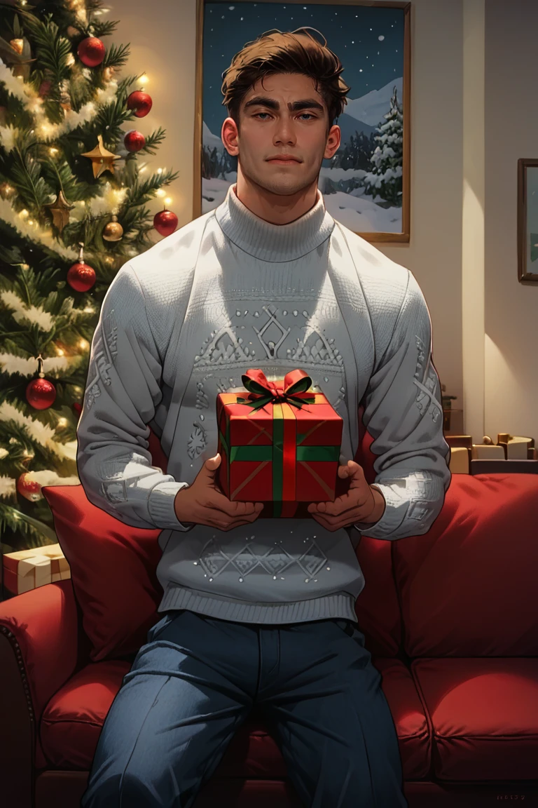 score_9, score_8, score_7, male, 1boy, ugly sweater, solo male, Christmas tree,living room, sitting, couch, decoration, holding a gift, ,Mitch_saron, shirt, 20yo, slim male, ((medium shot, portrait, closeup))<lora:EMS-439346-EMS:0.930000>