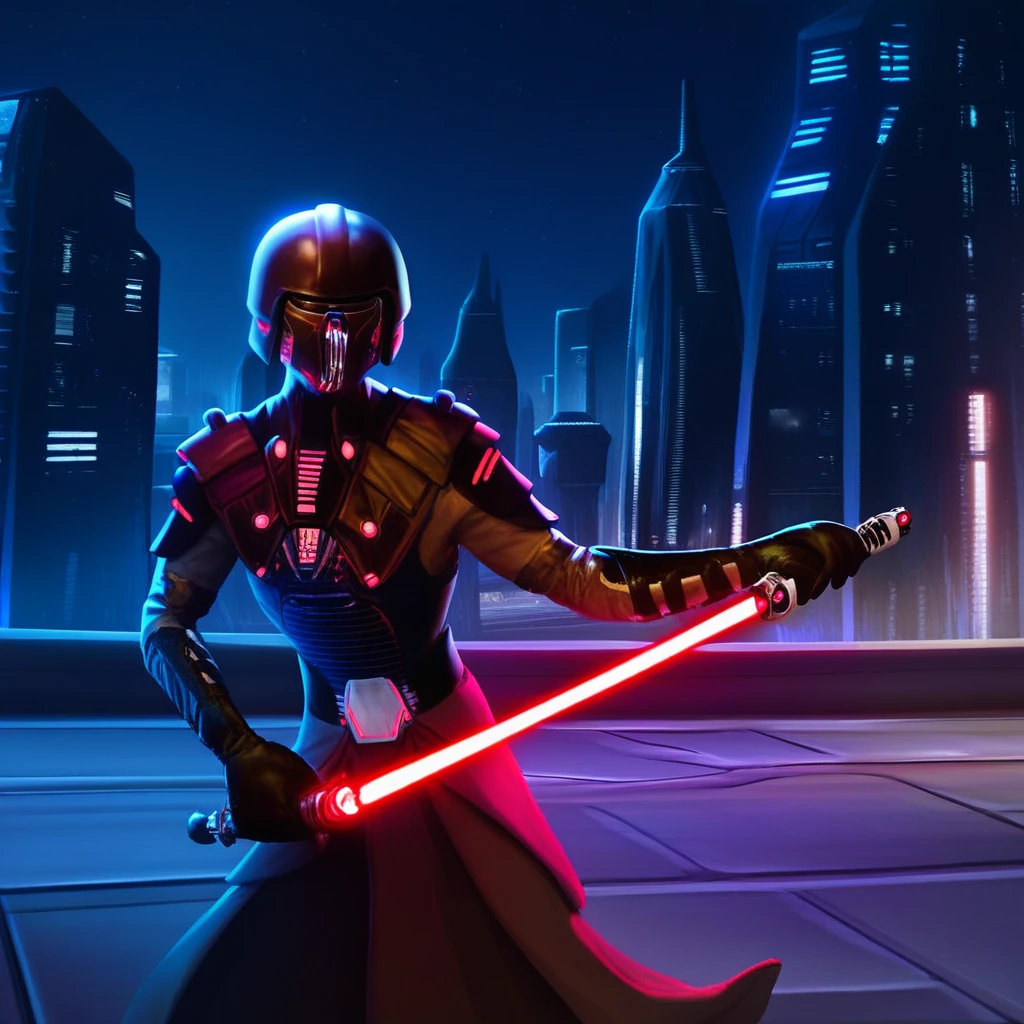 score_9, score_8_up, score_7_up, Iokath-Annhilator, Star Wars, solo, 1boy, gloves, male focus, weapon, sword, armor, night, glowing, helmet, building, science fiction, city, realistic, energy sword, cyberpunk, lightsaber, sensitive