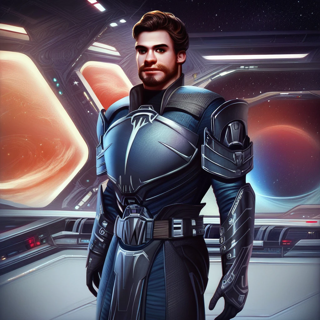 score_9, score_8_up, score_7_up, Resilient-Warden, Star Wars, solo, looking at viewer, brown hair, 1boy, male focus, armor, facial hair, science fiction, realistic, space, power armor, spacecraft, sensitive