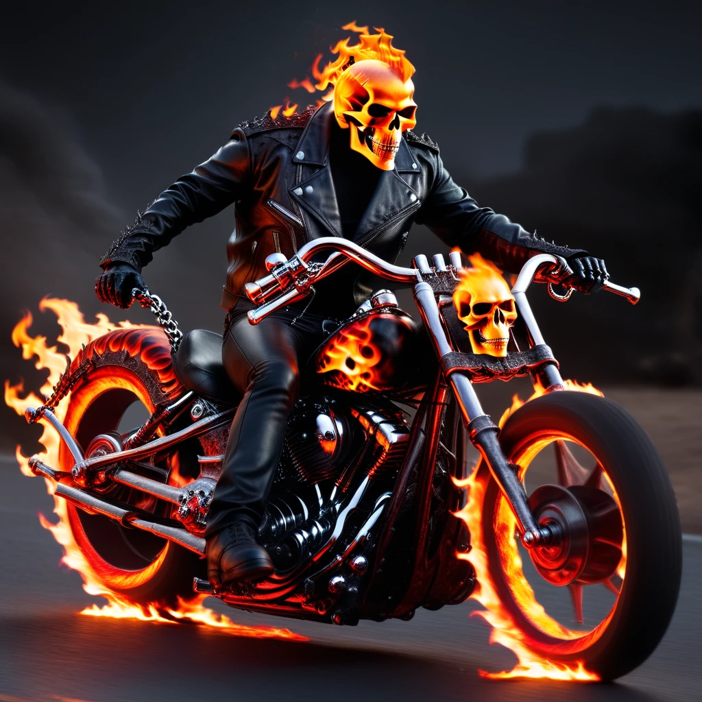 the ghost rider riding his hell cycle under the full moon, flaming wheels, leather jacket with a chain