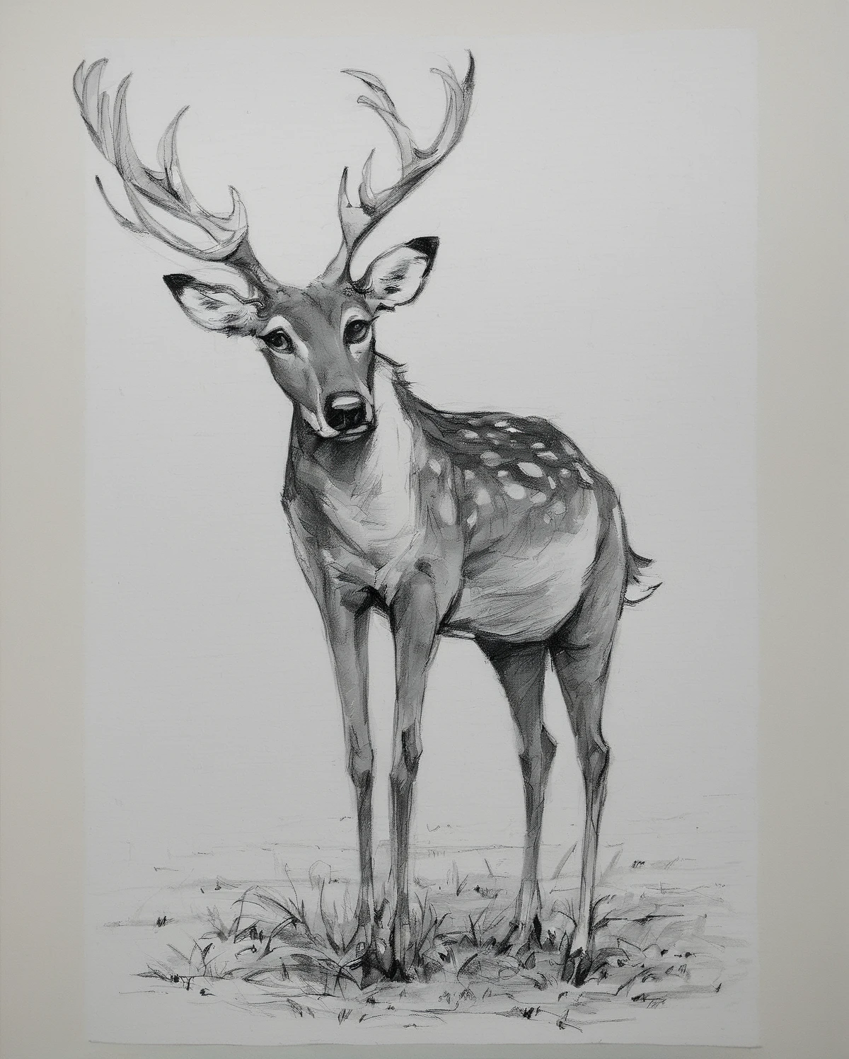 pencil, (sketch:1.2), monochrome, greyscale, (graphite (medium):1.3), traditional media, animal, animal focus, deer standing on grassy field <lora:_SELF_fallen_ai_PONY_PENCIL_DRAWING_style:1>, zPDXL, score_8_up, score_7_up, score_6_up, score_9, illustration