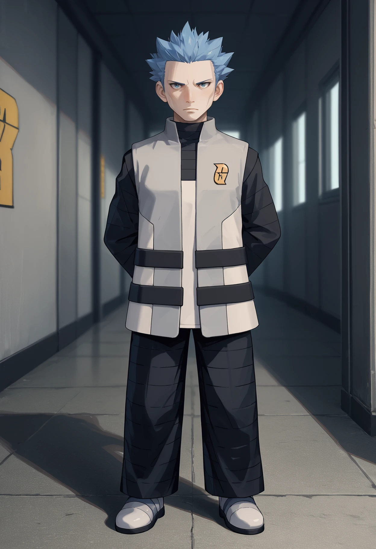 score_9, score_8_up,score_7_up, source_anime, 1boy, solo, outfitginga,
short hair, blue hair, blue eyes,
open jacket, black shirt, grey jacket, sleeveless jacket, emblem, black pants, shoes, grey footwear, long sleeves, multiple belts, 
looking at viewer, closed mouth, full body, arms behind back, standing, frown, legs apart,
indoors,
 <lora:cyrs_pdxl_EliPot:1>