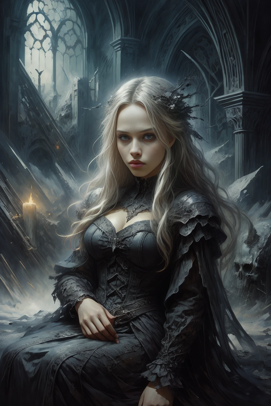 opt-graciedzienny <lora:opt-graciedzienny:1>, blonde hair, blue eyes, The image depicts a gothic, fantasy setting with a mysterious, ethereal woman sitting amidst a dark, macabre environment. The woman has long, flowing white hair and wears an elegant, dark red dress adorned with subtle gold patterns. She is surrounded by skulls, which adds to the eerie atmosphere. The background is dark and shadowy, with intricate gothic elements and a sense of foreboding, John Berkey Style page,  <lora:BearlySD:0.8> oil painting,  <lora:ral-dissolve-sd15:0.8> ral-dissolve