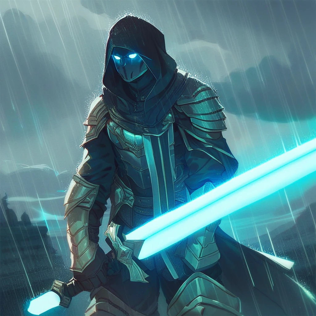 score_9, score_8_up, score_7_up,Onderon Guardian Armor, solo, 1boy, holding, male focus, weapon, sky, cloud, hood, sword, armor, glowing, glowing eyes, rain, energy sword, lightsaber, sensitive