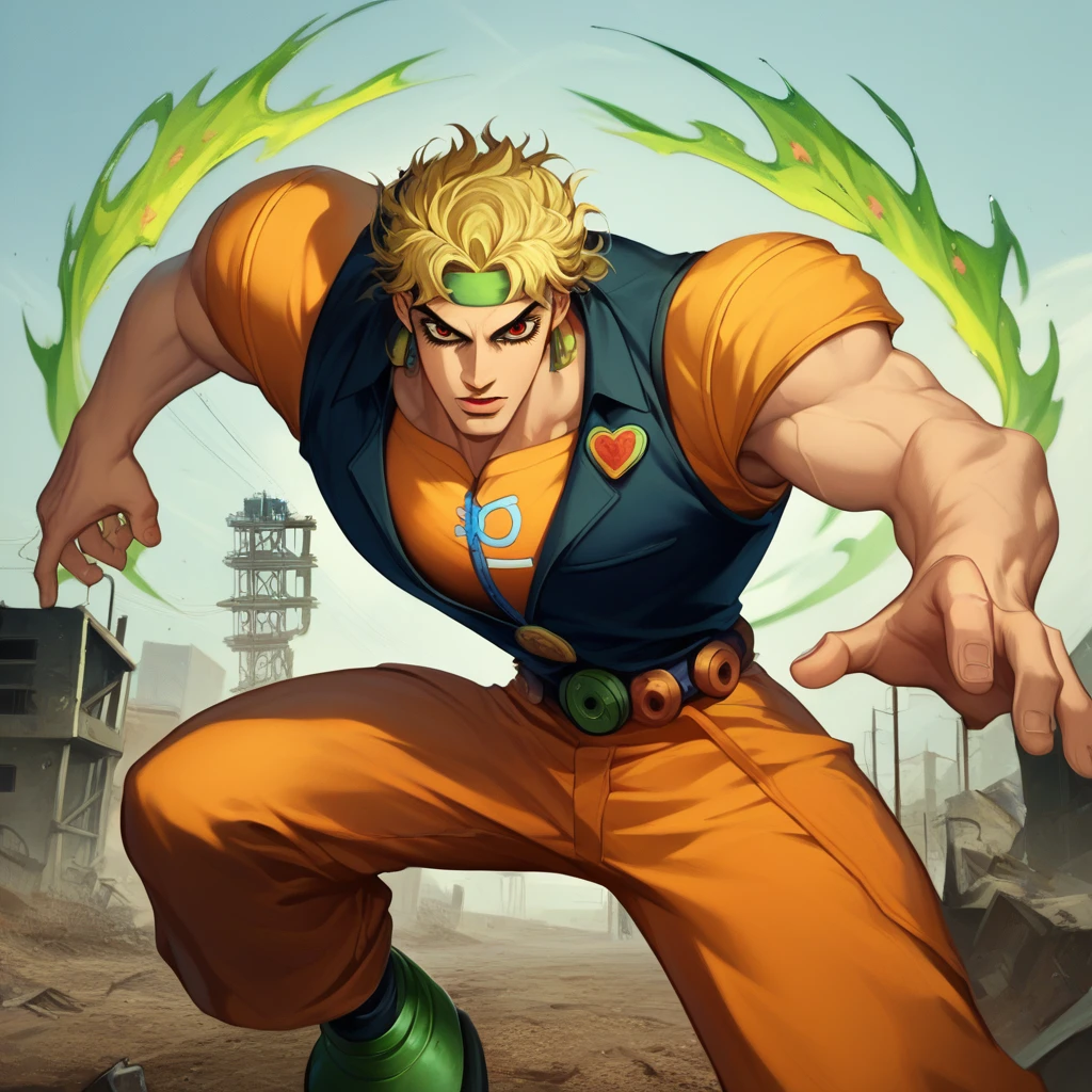 score_9, score_8_up, score_7_up, score_6_up, score_5_up, score_4_up, rating_safe,zPDXL2,source_anime,jojo no kimyou na bouken, 1boy,solo,dio brando,blonde hair, red eyes,orange jumpsuit,black vest,green headband,jojo pose, yellow aura,outdoors,steamroller, construction site