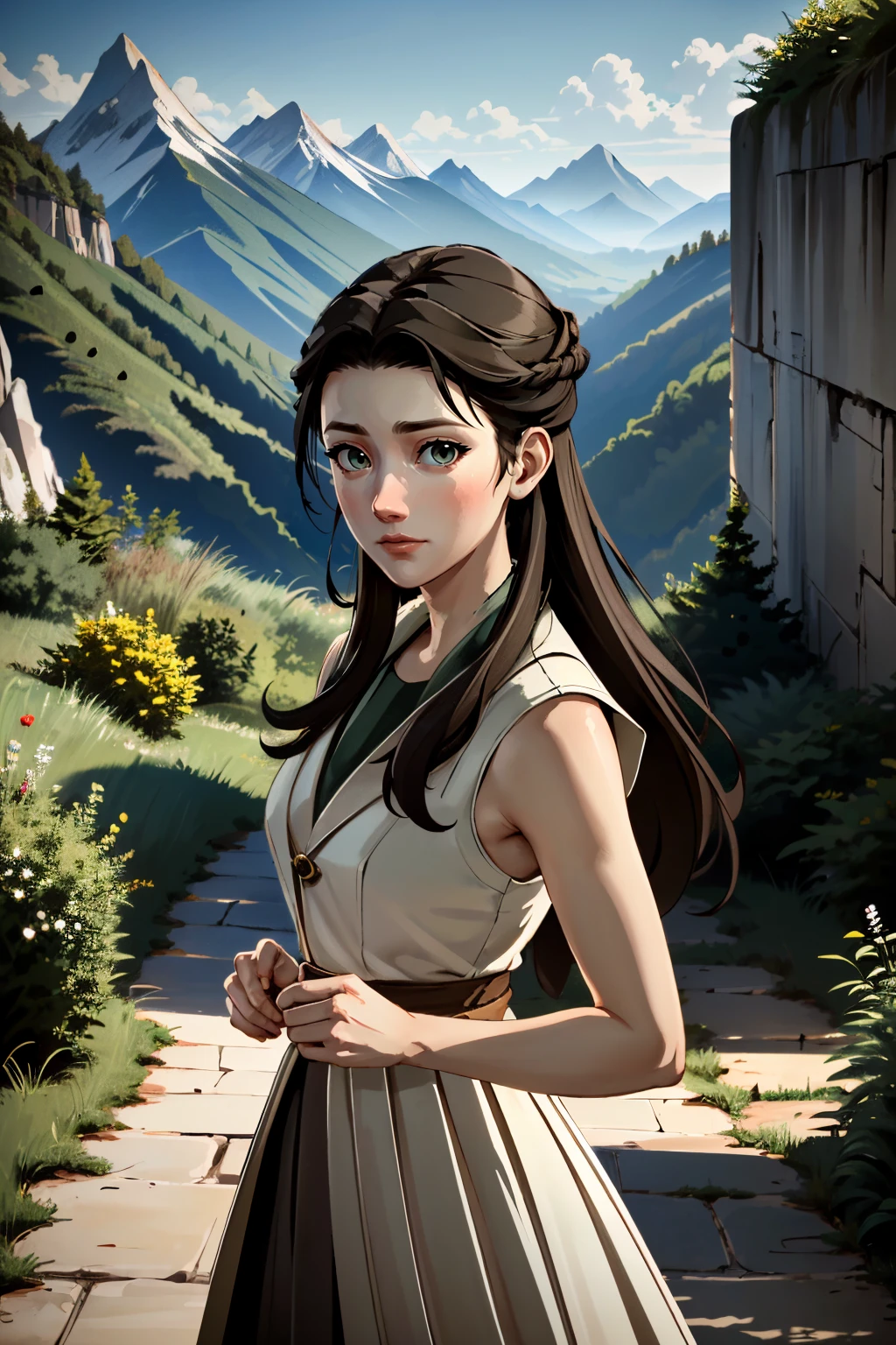 ((ultra detailed, masterpiece, absurdres))
<lora:GOTMira:0.8>
GOTMira, 1girl, brown hair, long hair, looking at viewer, mountain trail, midday, clear and crisp light illuminating the landscape