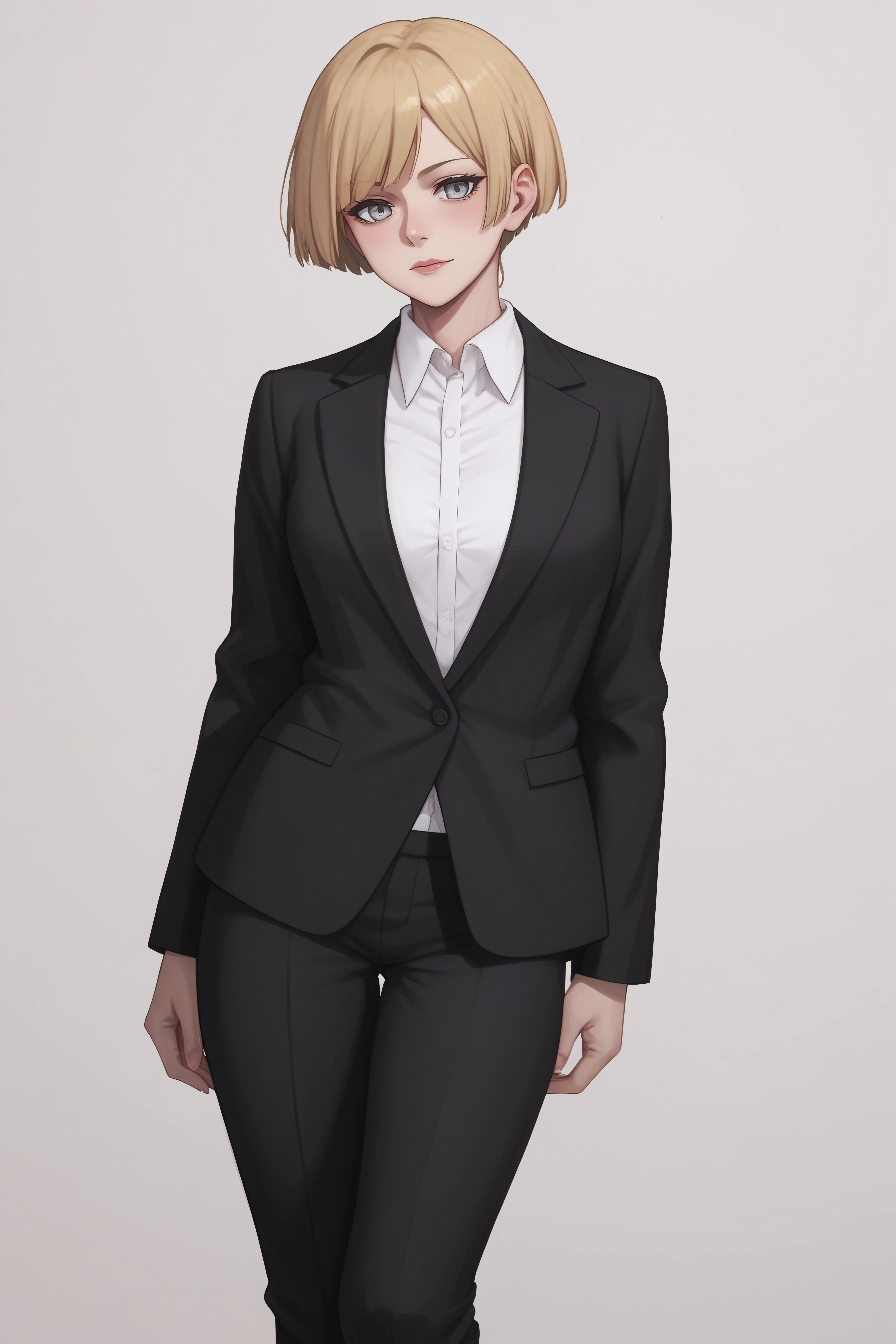 score_9, score_8_up, score_7_up, BREAK source_anime, <lora:Yelena-PonyXL-lora-Faxtron:0.8> yelena, grey eyes, blonde hair, white shirt, black suit, long sleeves,