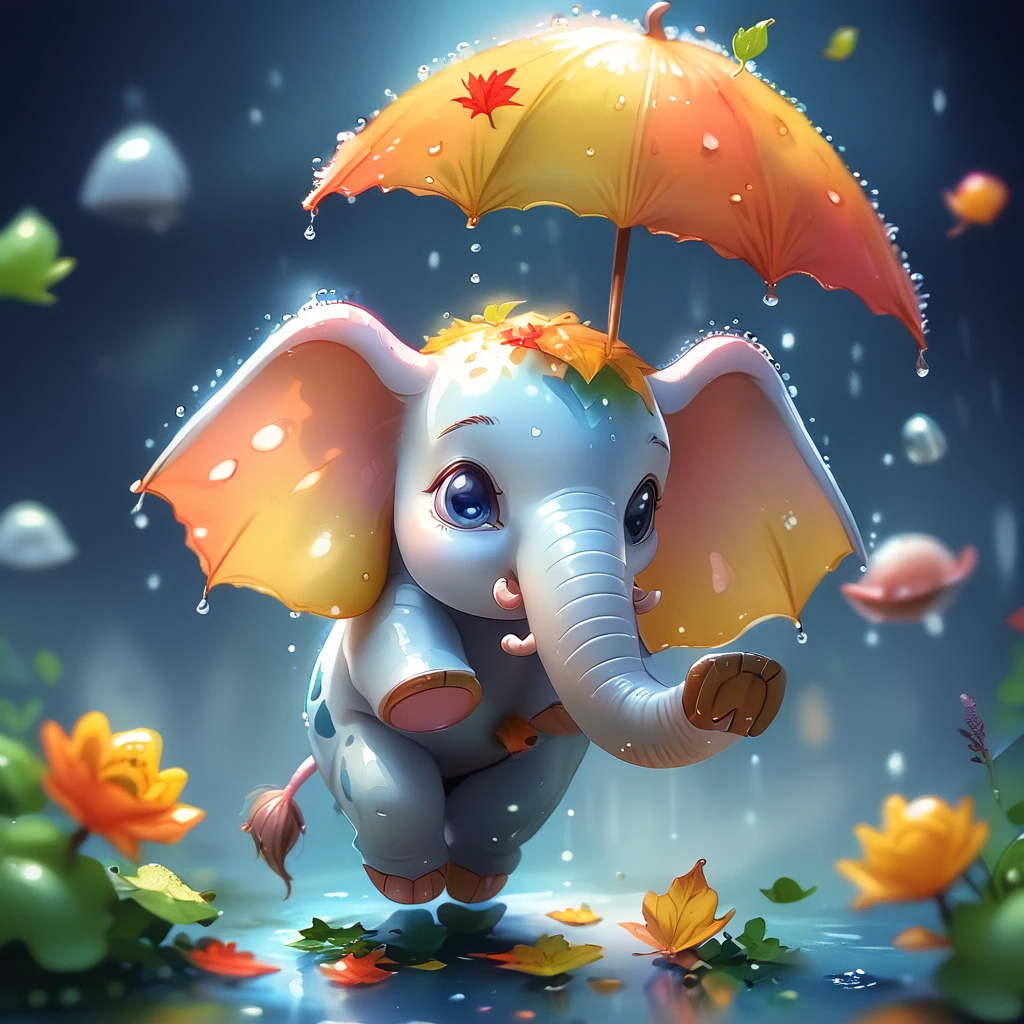 core_9, score_8_up, score_7_up, score_6_up,   <lora:ArsMJStyle_-_Cute:1> ArsMJStyle, Cute, Elephant and mouse best friends sharing an umbrella in the rain. Puddles with reflections, colorful rainboots, falling leaves. Soft watercolor style, simple background, focus on character expressions.