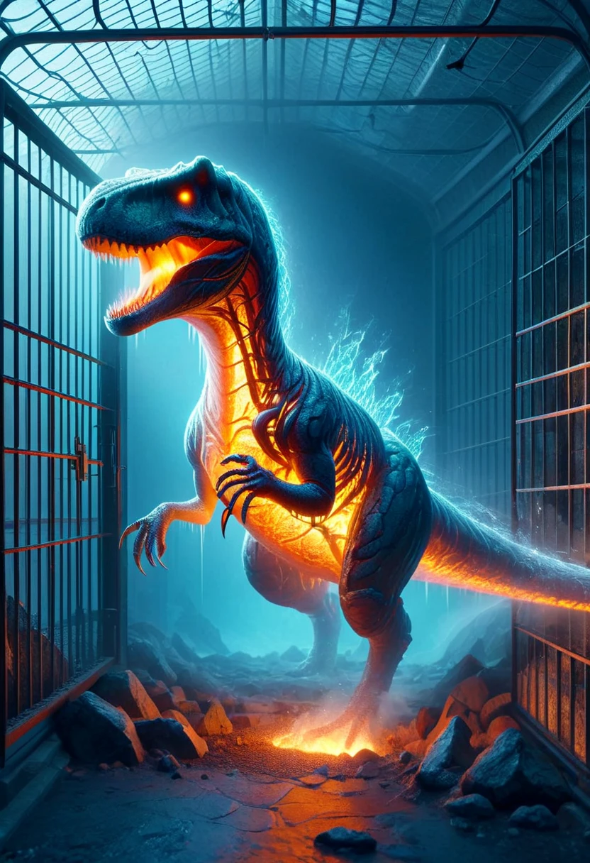 chillblaze, a t-rex, locked in a cage