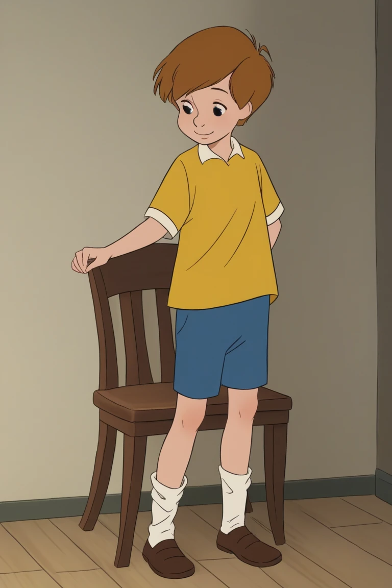 score_9, score_8_up, score_7_up, score_6_up, masterpiece, best quality, amazing quality, best aesthetic, absurdres, intricate details, cute face, source_anime, male focus, christopher_robin_2011, brown hair, black eyes, 1boy, yellow shirt, shirt, solo, shorts, socks, male focus, shoes, chair, white socks, smile, indoors, short sleeves, blue shorts, brown footwear, standing<lora:EMS-443857-EMS:1.000000>