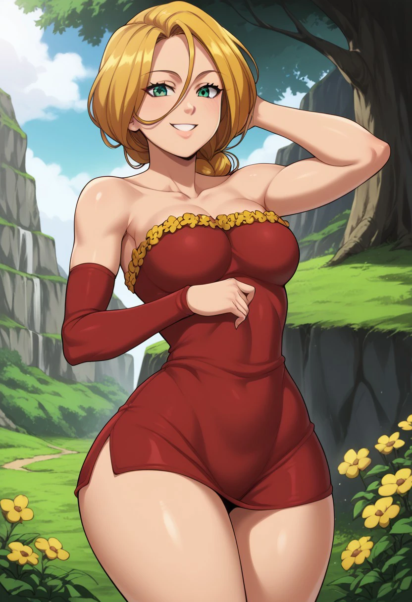 score_9, score_8_up, score_7_up, , shiny skin:0.1, source_anime, , deep skin,, high quality, highres, , 1girl, (curvy), ((wide hips)),, thick thighs, cute, , sexy, medium breasts, Jenna, blond hair, green eyes, yellow flower frills, hair between eyes, collarbone, red dress, single braid, long hair, strapless dress, detached sleeve, single sleeve, short dress, outside, smile, solo,