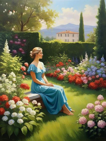 <lora:07RomanticismArt_Hap_XL:1>, romanticism oil painting,   women, garden, flowers, greenery, outdoor, romanticism oil painting,  serene, nature, vibrant colors, detailed, artistic, scenic, summer, peaceful, leisure, landscape,