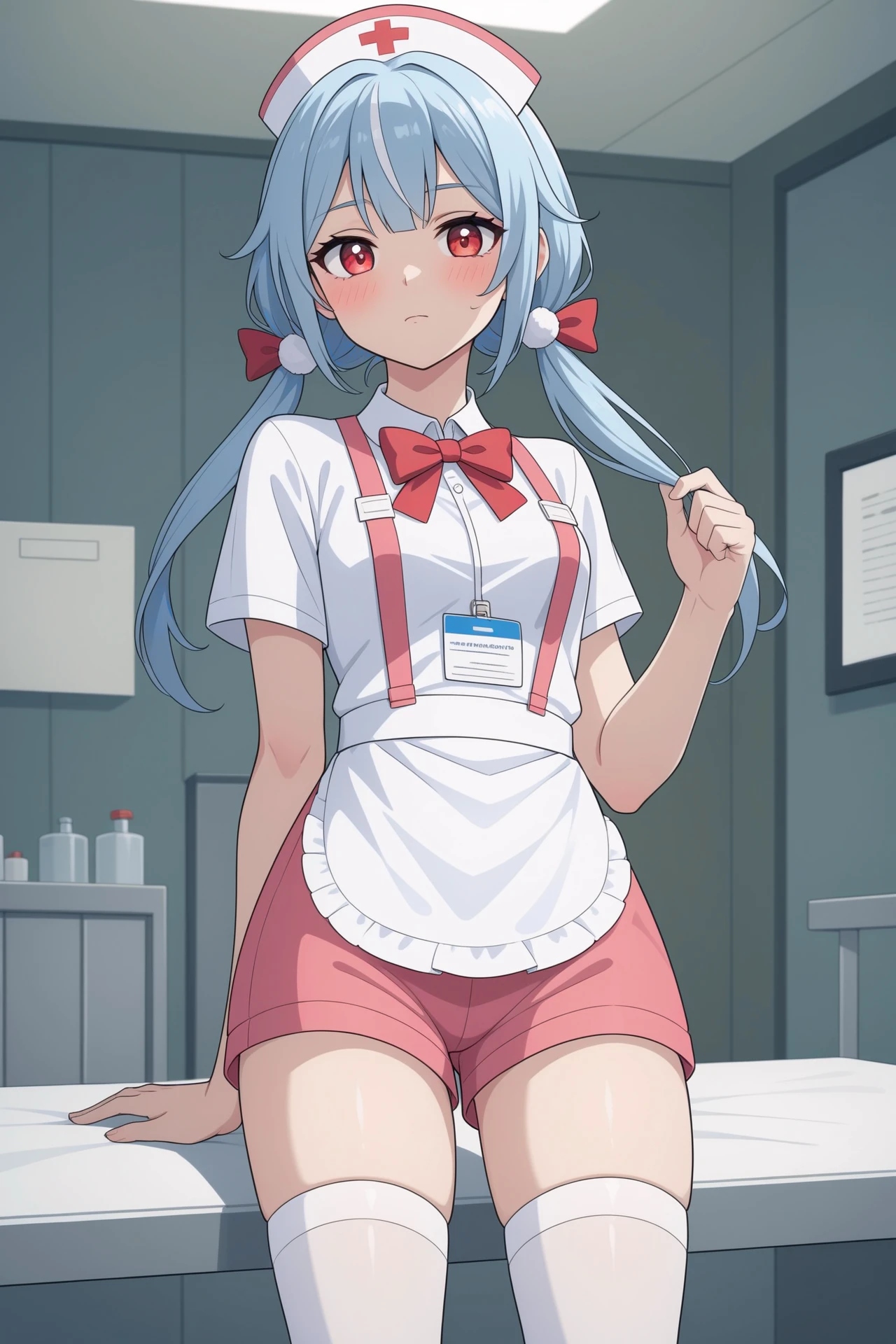 lum invader, detailed, anime, (torn nurse uniform: 1.2), masterpiece, best quality, open mouth, fang, ultra-detailed, yellow eyes, Pretty eyes, Detailed face, Pretty girl, Big chest, Blushing, (Wet: 1.2), breasts, areola slip, (missionary position:1.2), (nipple: 1.2), (in a ward full of men: 1.2), (heart shaped pupils: 1.5), menage