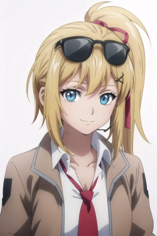 solo, 1girl, looking at viewer, 2D, anime, official style, anime coloring, anime screencap, upper body, (simple background, solid white background:1.3), <lora:kalina-gfl:0.8>, kalina, hair ornament, hairclip, hair ribbon, eyewear on head, jacket, necktie, smile,