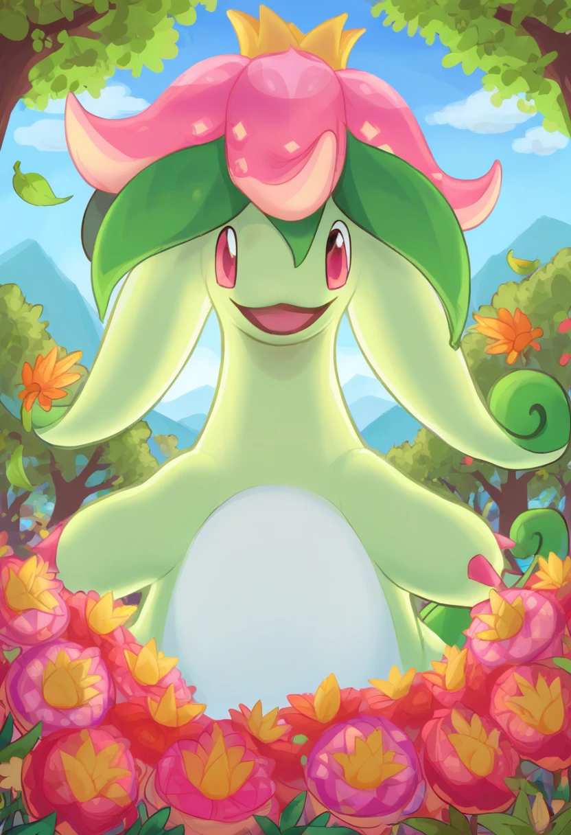 score_9, score_8_up, score_7_up, source_anime BREAK
forest background, leaves, trees, sunbeam, lens flare, clouds, blue sky, wildflowers, flowers, colorful
Dinossom_Palworld, pink eyes, white belly, green body, flower, tail, pink claws, flower, standing, open arms, smile happy
 <lora:Dinossom_Palworld:1>