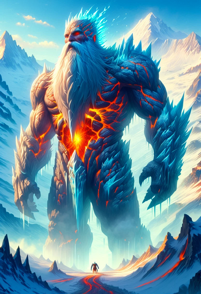 chillblaze, a giant with a beard, mountain background