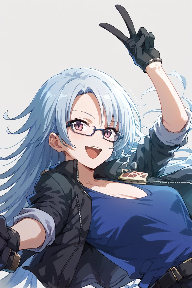 score_9, score_8_up, score_7_up, score_6_up, 1girl,
 <lora:Shiro_Ogami:0.9> shiro, glasses, gloves, solo, long hair, jacket, smile, black gloves, open mouth, black jacket, saggy breasts, blue shirt, blue hair, looking at viewer, neckline, agent, v