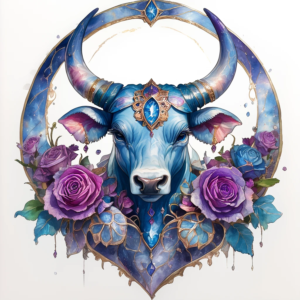 Score_9, score_8_up, score_7_up, score_6_up,    <lora:ArsMJStylePony:1>, ArsMJStyle, Taurus, The image shows a painting of a bull with horns and flowers on its head set against a white background. The bull is surrounded by a variety of colorful flowers giving the painting a vibrant and lively feel., no humans, horns, purple flower, flower, painting (medium), blue flower, purple rose, rose, blue eyes, traditional media, gem, watercolor (medium), blue rose, jewelry, solo, looking at viewer, blue gemstone