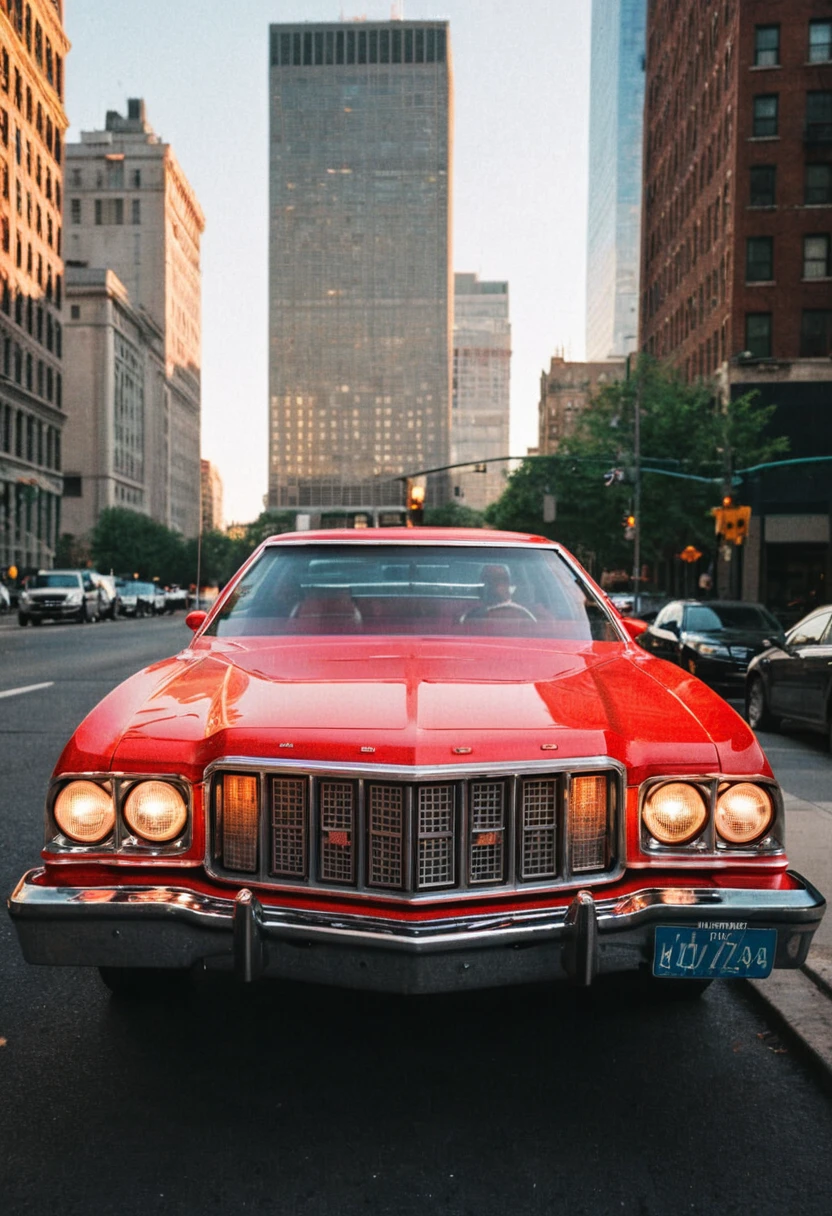 ClassicMuscleCar, gleaming red Ford Gran Torino, front side view, Manhattan skyscrapers cityscape background, late afternoon sunset, warm colors, 4K, highly detailed, (stylish grainy analog 35mm film photo)