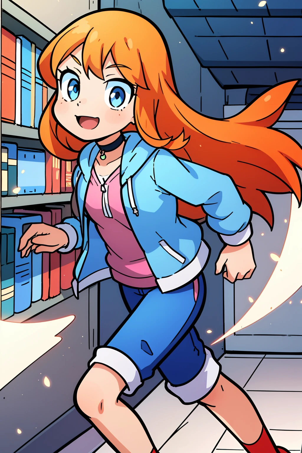 julie,1girl,solo,orange hair,long hair,blue eyes,1girl,solo,choker,running away from the danger,library,,smile,looking at viewer,blue hoodie,long slevless,pants,masterpiece,best quality