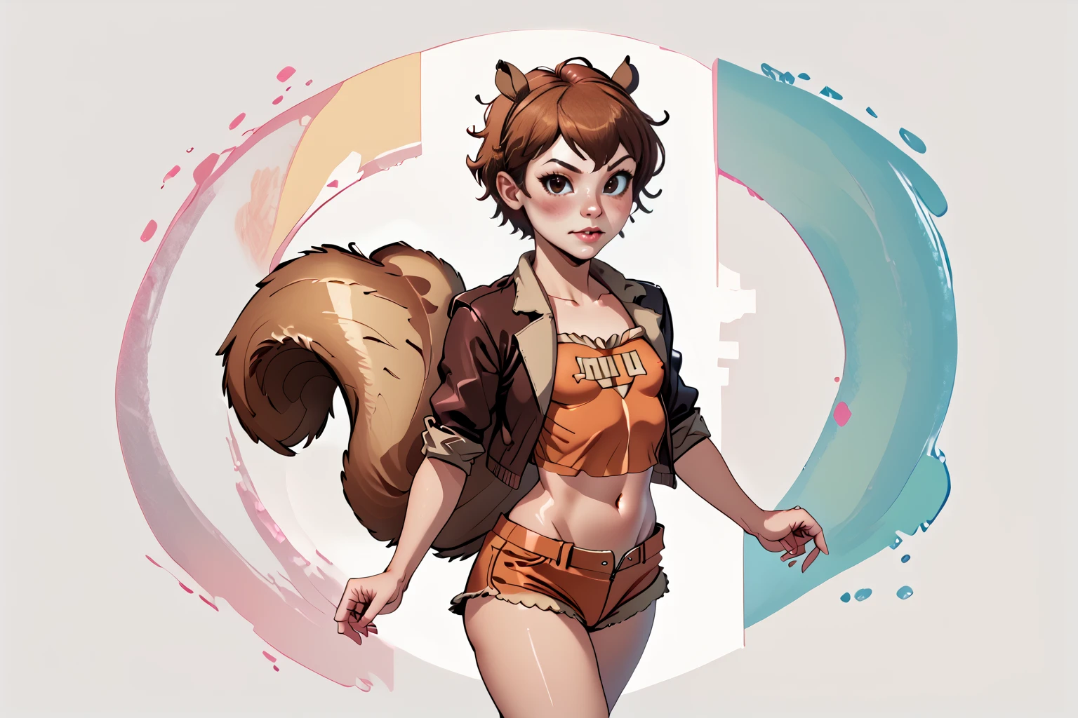 <lora:Squirrel_Girl_v2_PDXL_spamb0t:0.8>,Marvel_Squirrel_Girl
BREAK very short brown hair,messy hair,squirrel tail
BREAK small breasts,covered nipples,midriff,navel
BREAK orange shirt,cropped shirt
BREAK brown bomber jacket,open jacket,brown short shorts
BREAK standing with arms forming a W, feet together
BREAK seen from front, full shot
BREAK cowboy shot,abstract background,looking at viewer