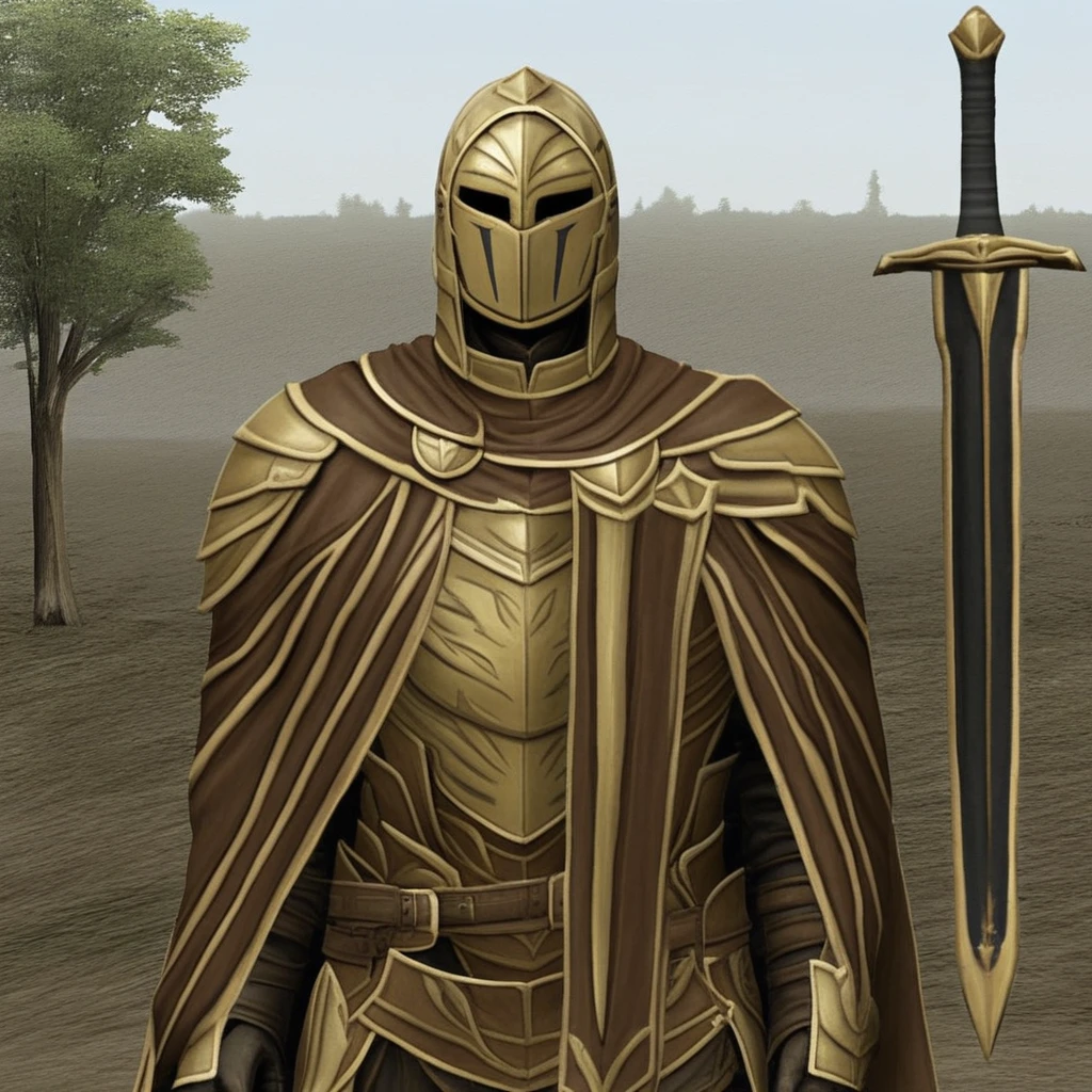 Onderon Guardian Armor, solo, 1boy, upper body, male focus, weapon, outdoors, sword crossguard, cape, armor, tree, helmet, shoulder armor, facing viewer, pauldrons, knight, full armor, helm, sensitive