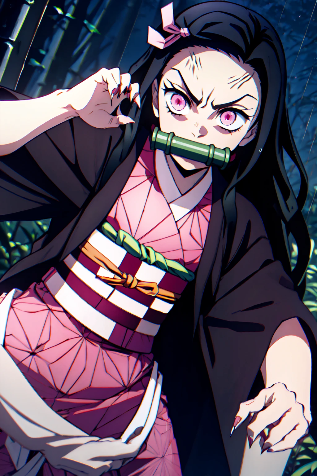 <lora:NezukoKamado-10:1> NezukoDem, kamado nezuko, 1girl, black hair, very long hair, angry, veins, sharp fingernails, pink eyes, 1girl, haori, black haori, pink kimono, hair ribbon, pink ribbon, checkered sash, obi, 
paw pose, upper body, bamboo, bit gag, rainy savana forest,, masterpiece, best quality, highres,