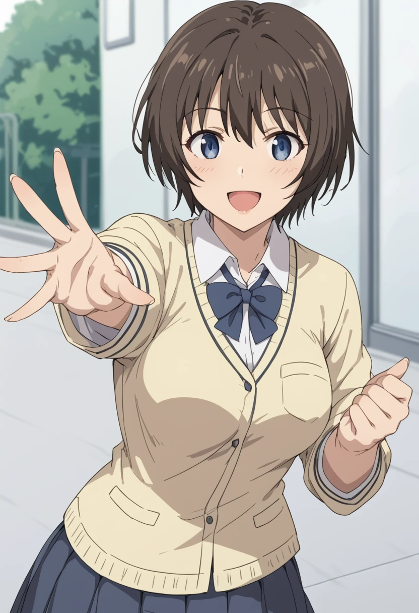 score_9,score_8_up,score_9,score_8_up,1girl,shimizu_kaoru,short hair,brown hair,blue eyes,breasts,school uniform,white collared shirt,pleated skirt,reaching_towards_viewer,street,smile,open mouth, solo<lora:shimizu_kaoru-000009:0.8>,