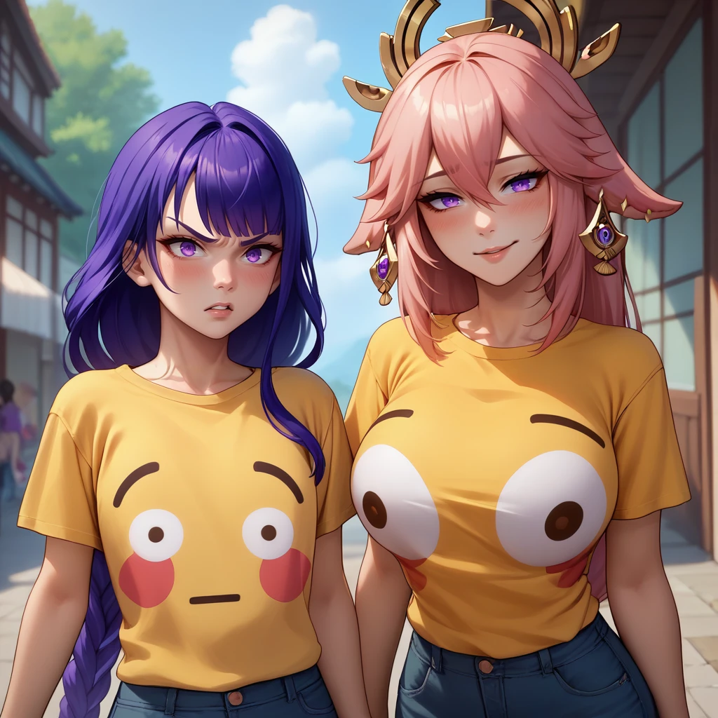 score_9, score_8_up, score_7_up, 2girls, yellow shirt, blush, t-shirt, <lora:FlushedEmojiShirt_pdxl_Incrs_v1:0.5>, 
BREAK raiden shogun, angry, 
BREAK yae miko, large breasts, seductive smile,