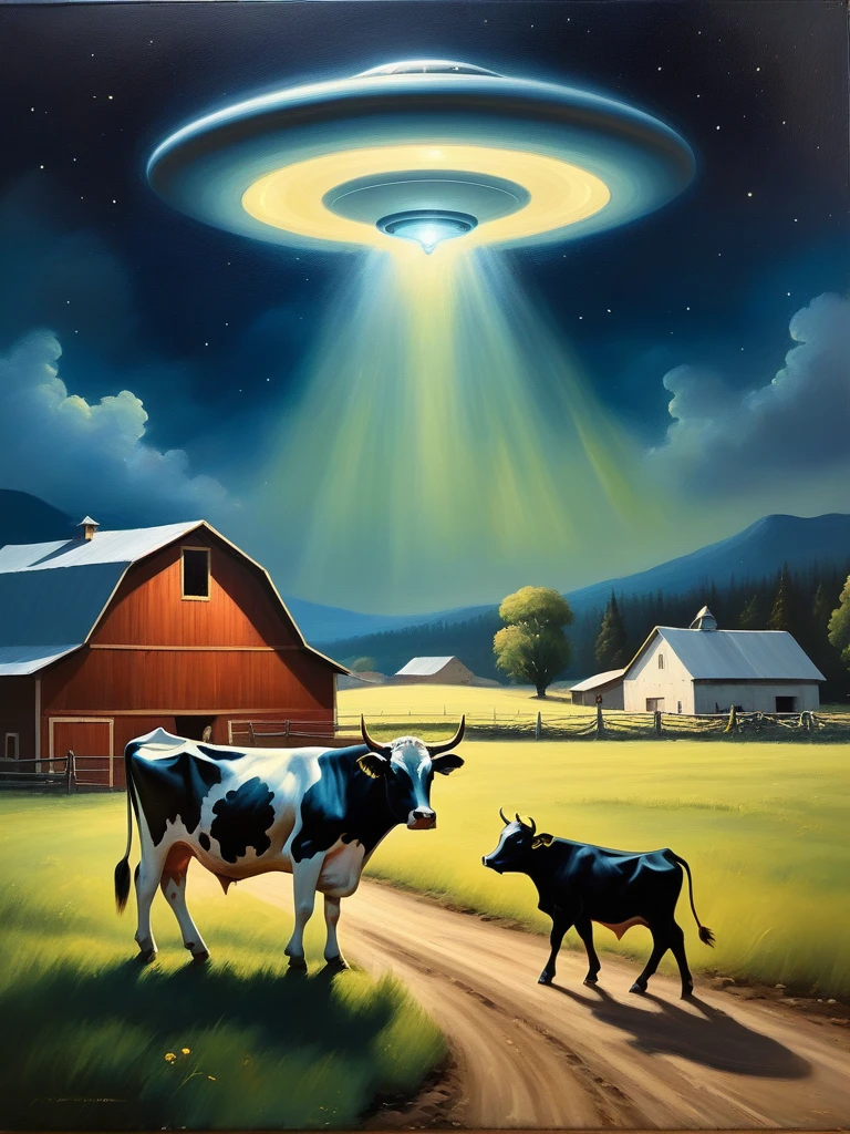 <lora:07RomanticismArt_Hap_XL:1>, romanticism oil painting, Oil painting of a UFO abducting a cow from a farm at nightï¼