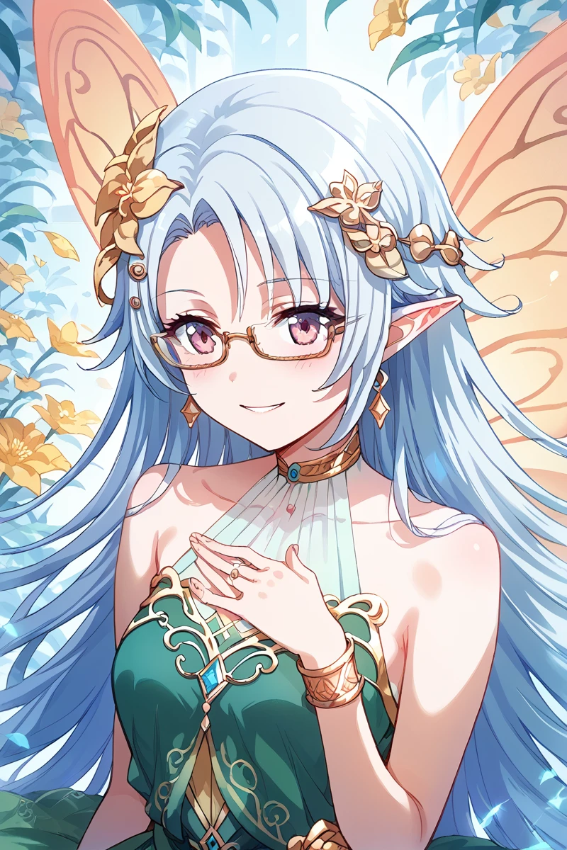 score_9, score_8_up, score_7_up, score_6_up, 1girl,
 <lora:Shiro_Ogami:0.9> shiro, 1girl, solo, long hair, pointy ears, glasses, jewelry, blue hair, bracelet, hair ornament, dress, collarbone, smile, green dress, flower, very long hair, titania, close-up, fairy wings