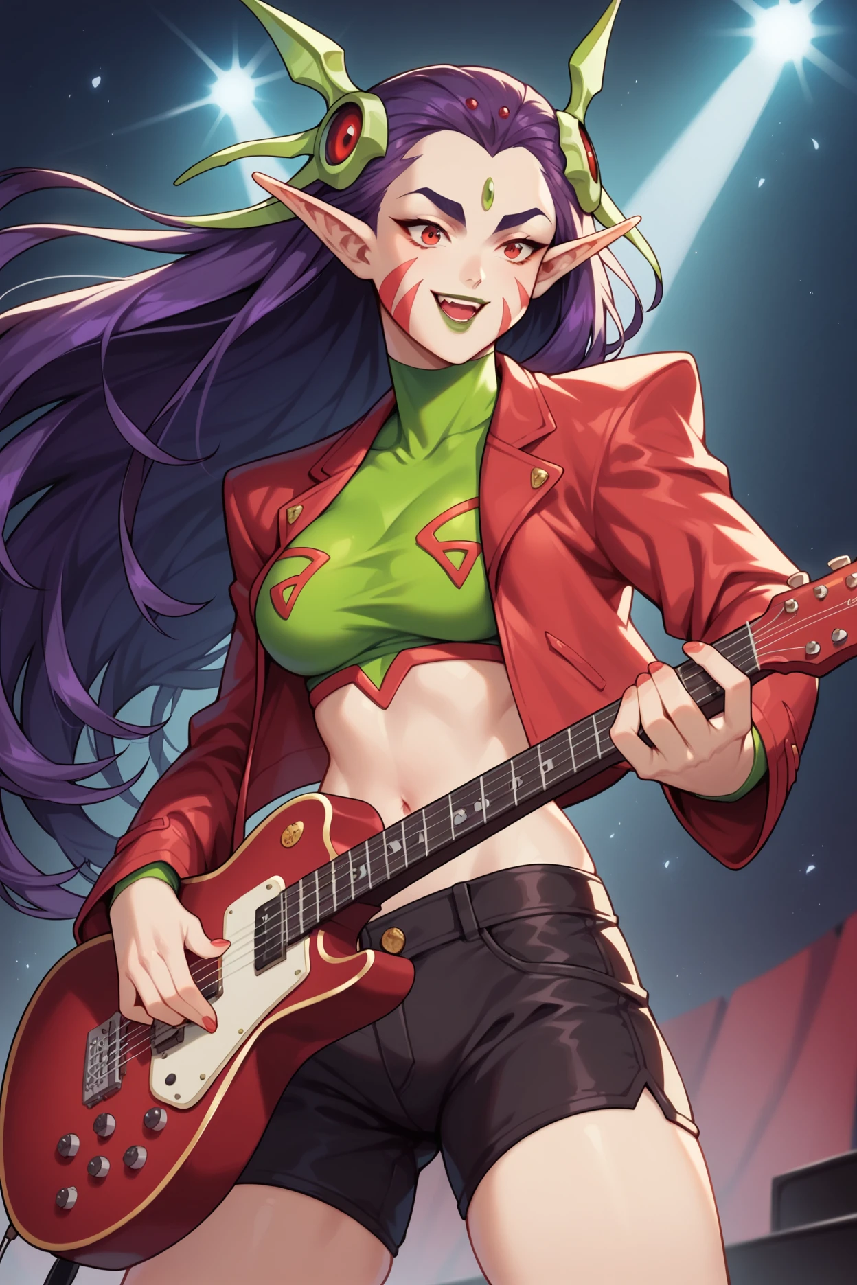 score_9, score_8_up, score_7_up, score_6_up, 1girl, solo, sivilmcseven, red eyes, purple hair, long hair, facial mark, forehead jewel, pale skin, pointy ears, lipstick, red jacket, black crop top, black shorts, stage, playing instrument, electric guitar, smile, open mouth,
 <lora:Sivil:1>